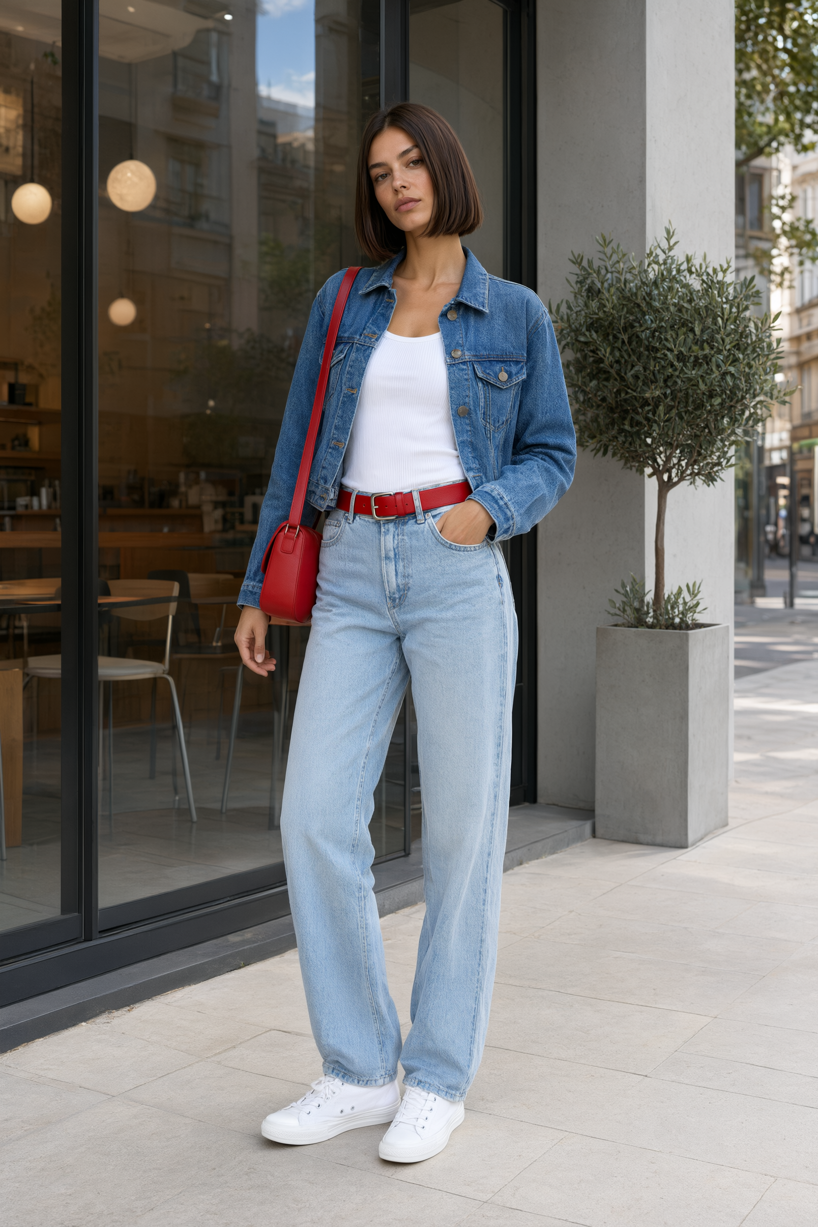 80s aesthetic denim on denim outfit with light wash jeans and cropped jacket