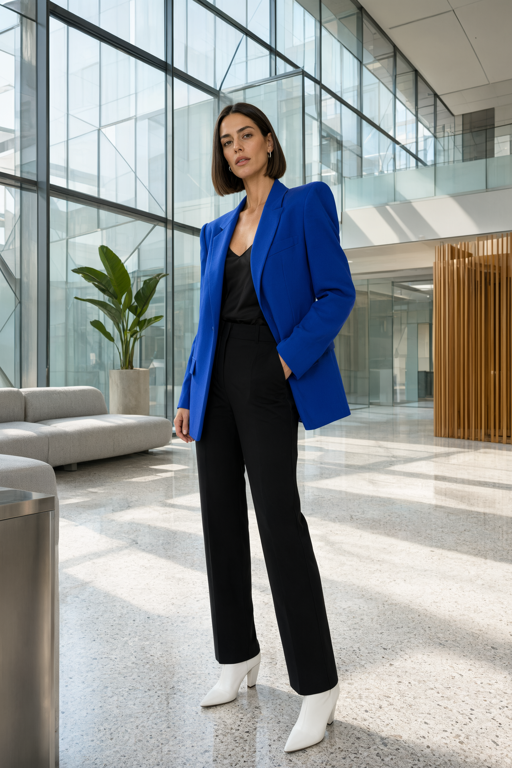 80s aesthetic outfit with cobalt power shoulders and black trousers