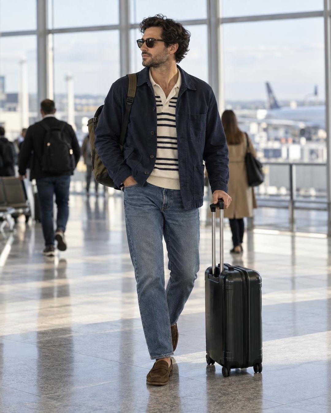 Airport outfit effect with navy chore jacket and jeans