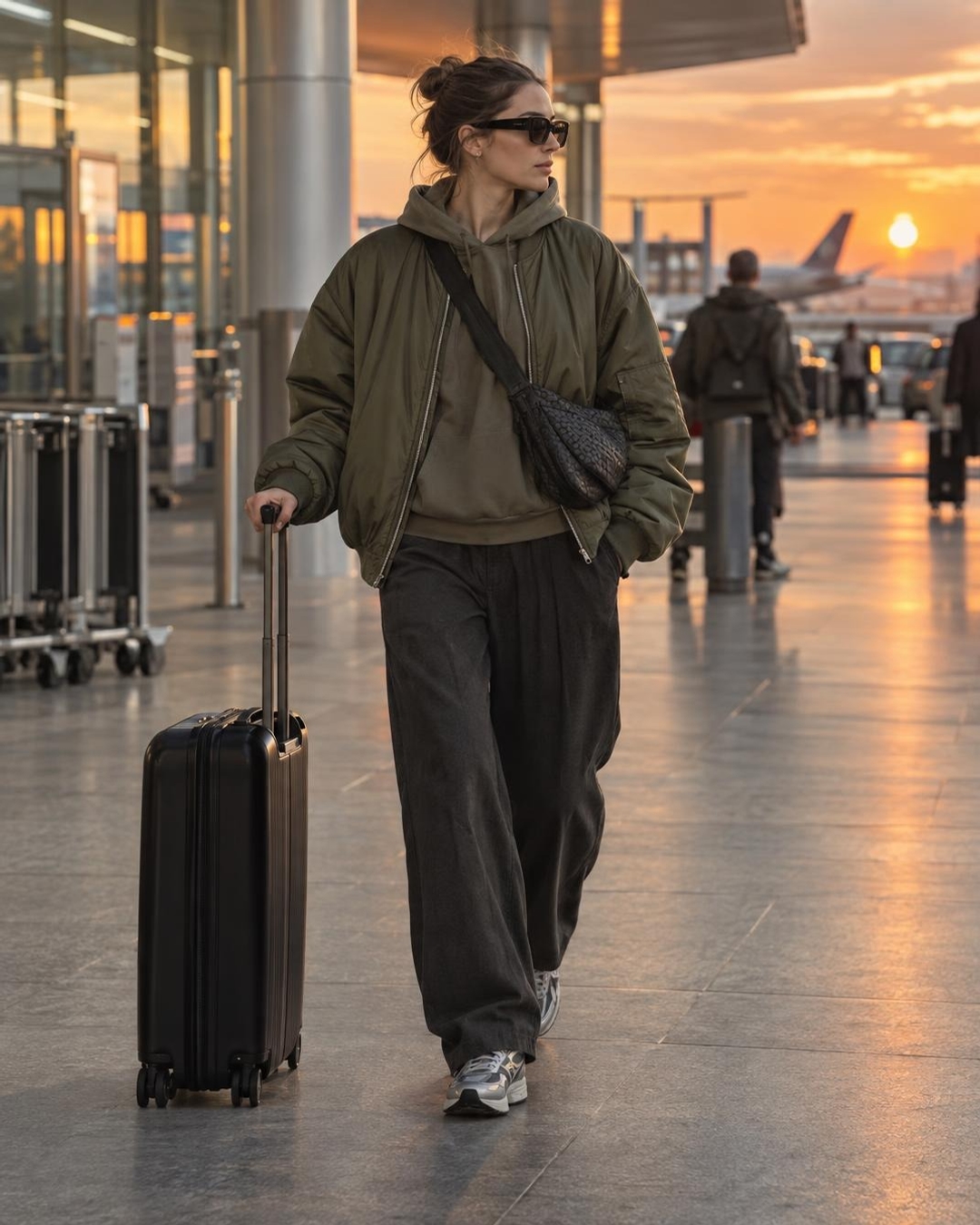 Airport outfit effect with olive bomber and wide trousers
