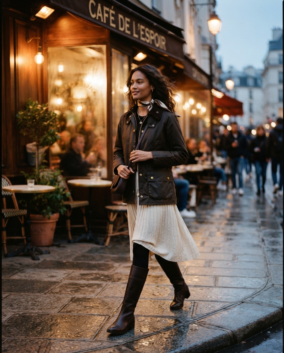 Barn jacket outfit trend example with tan jacket, knit sweater, jeans, and loafers