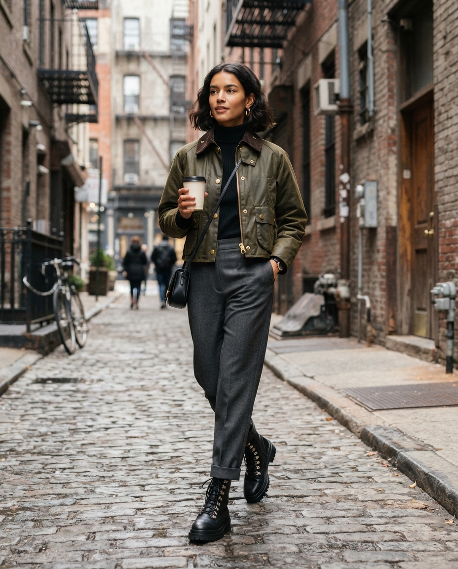 Barn jacket outfit trend example with cropped olive jacket, black turtleneck, tailored trousers, and boots