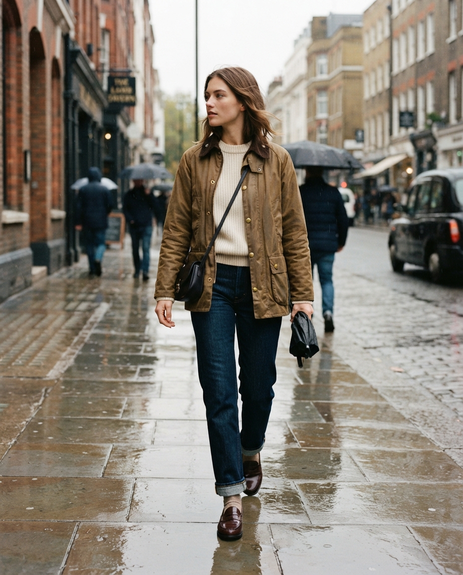 Barn jacket outfit trend example with sand jacket, white tee, wide-leg jeans, and sneakers