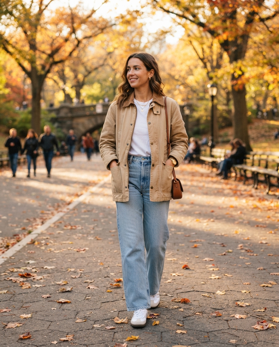 Barn jacket outfit trend example with deep brown jacket, cream skirt, tights, and knee-high boots