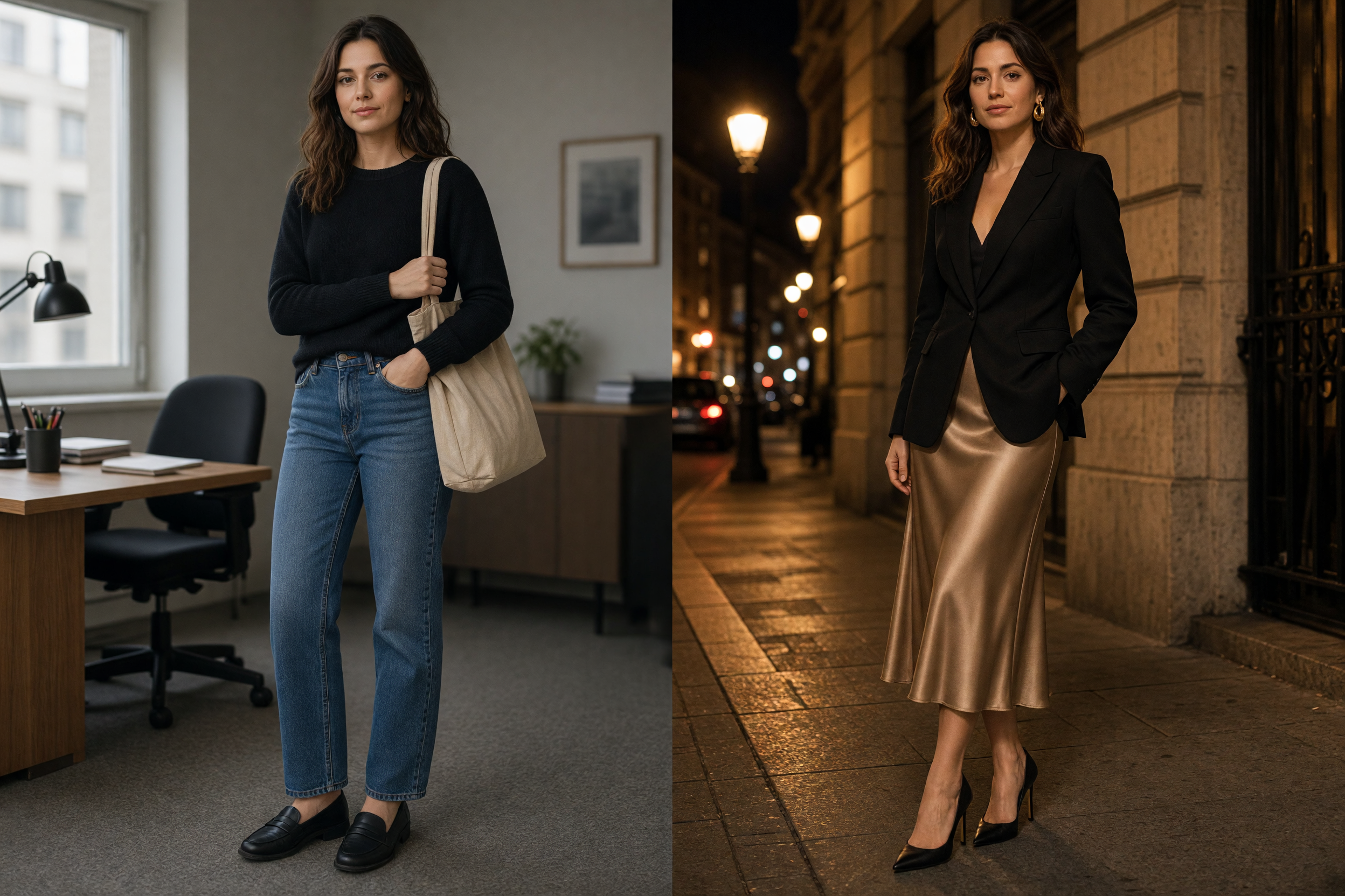 desk to dinner outfit swap with black knit and jeans changing into a satin skirt and blazer