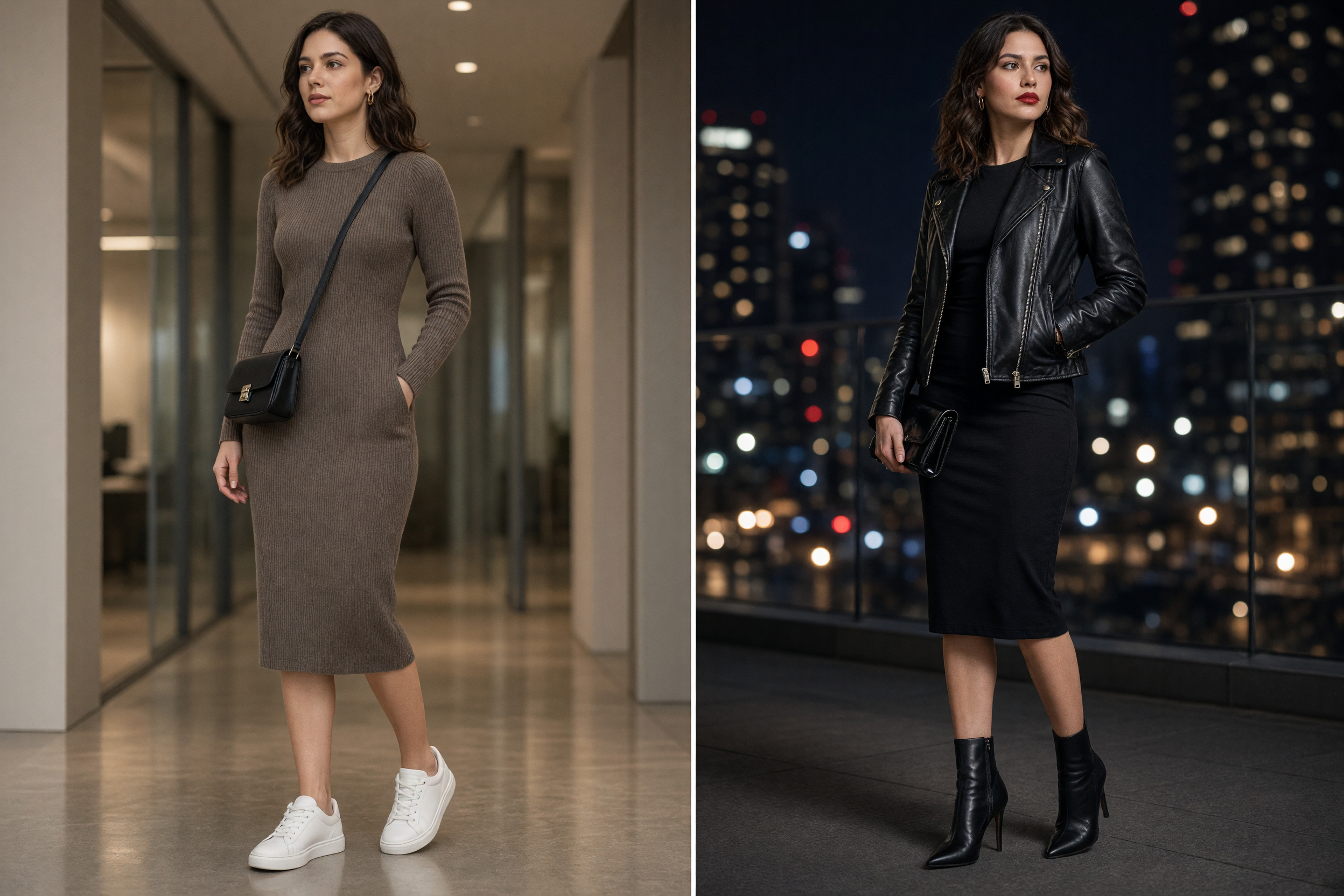desk to dinner outfit swap with white tee and trousers becoming corset top and wide-leg pants