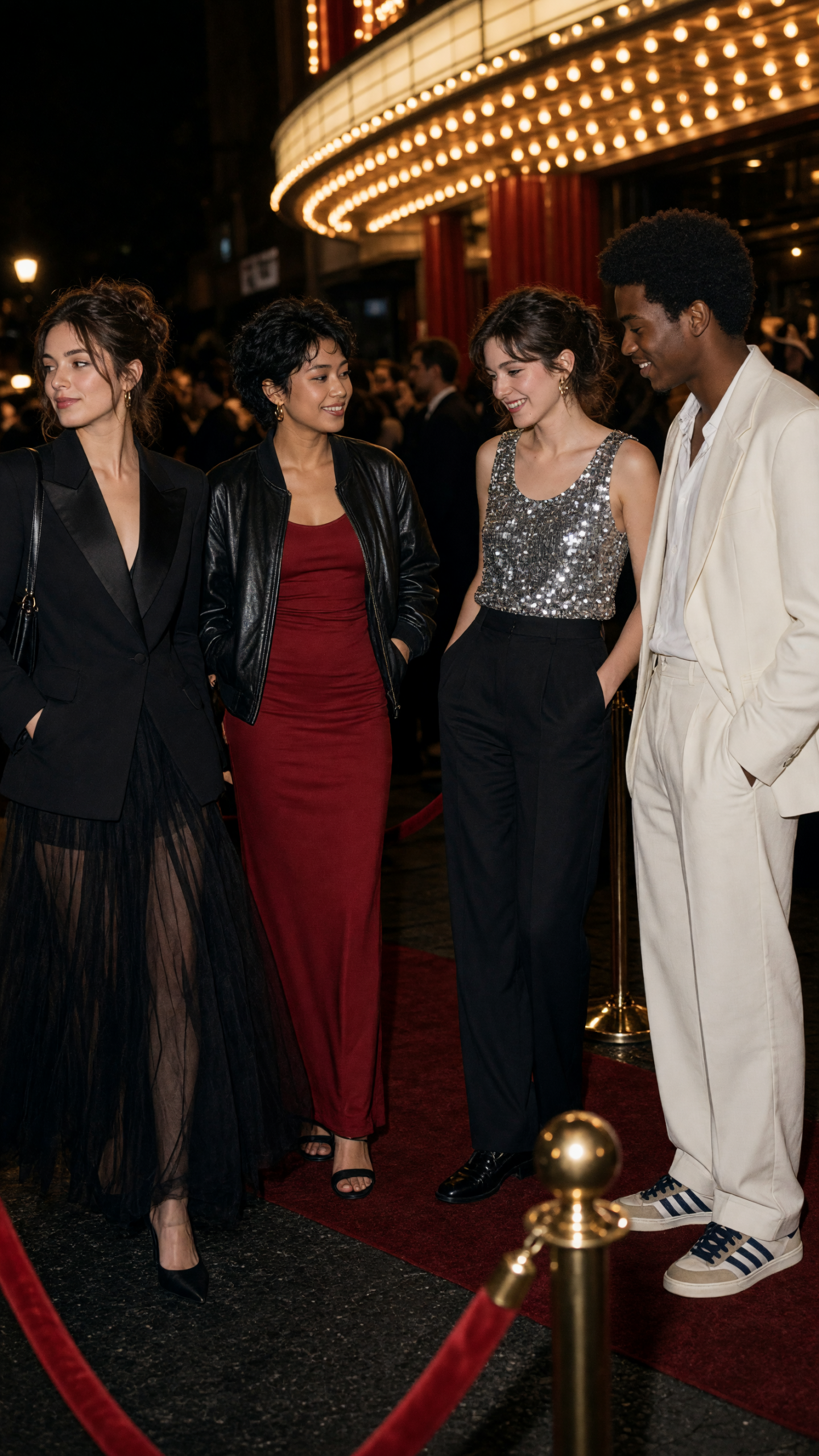 film festival photo effect with cherry red dress and leather bomber