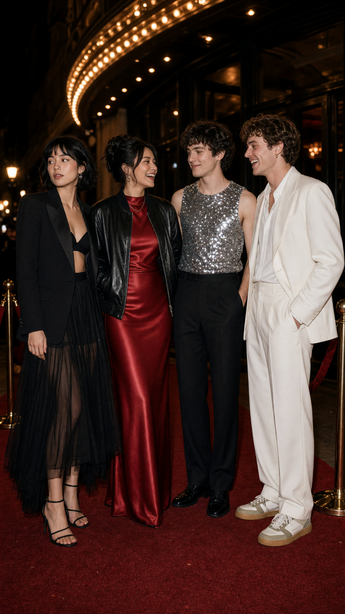 film festival photo effect with sequin top and tailored trousers