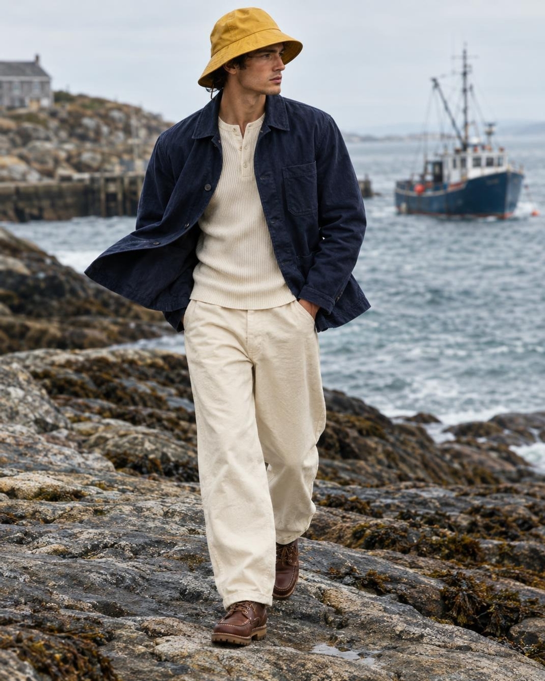 Fisherman aesthetic outfits with navy chore coat and yellow rain hat