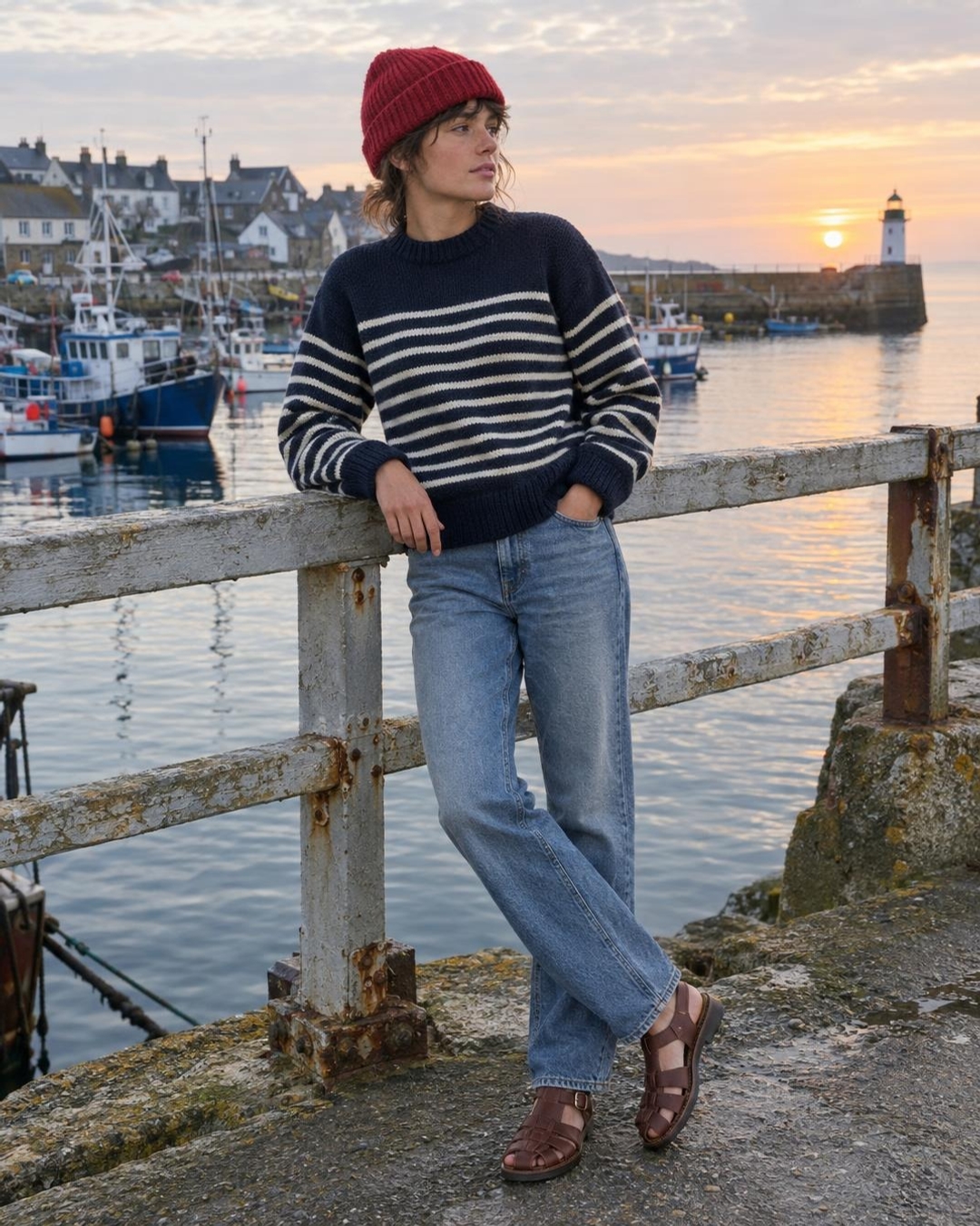 Fisherman aesthetic outfits with Breton stripes and red knit beanie