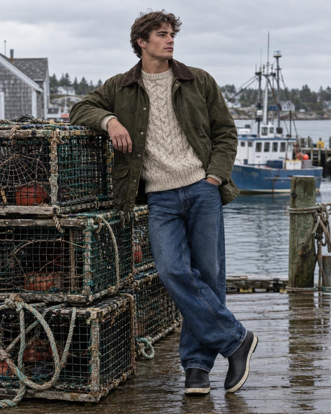 Fisherman aesthetic outfits with cable knit and olive work jacket