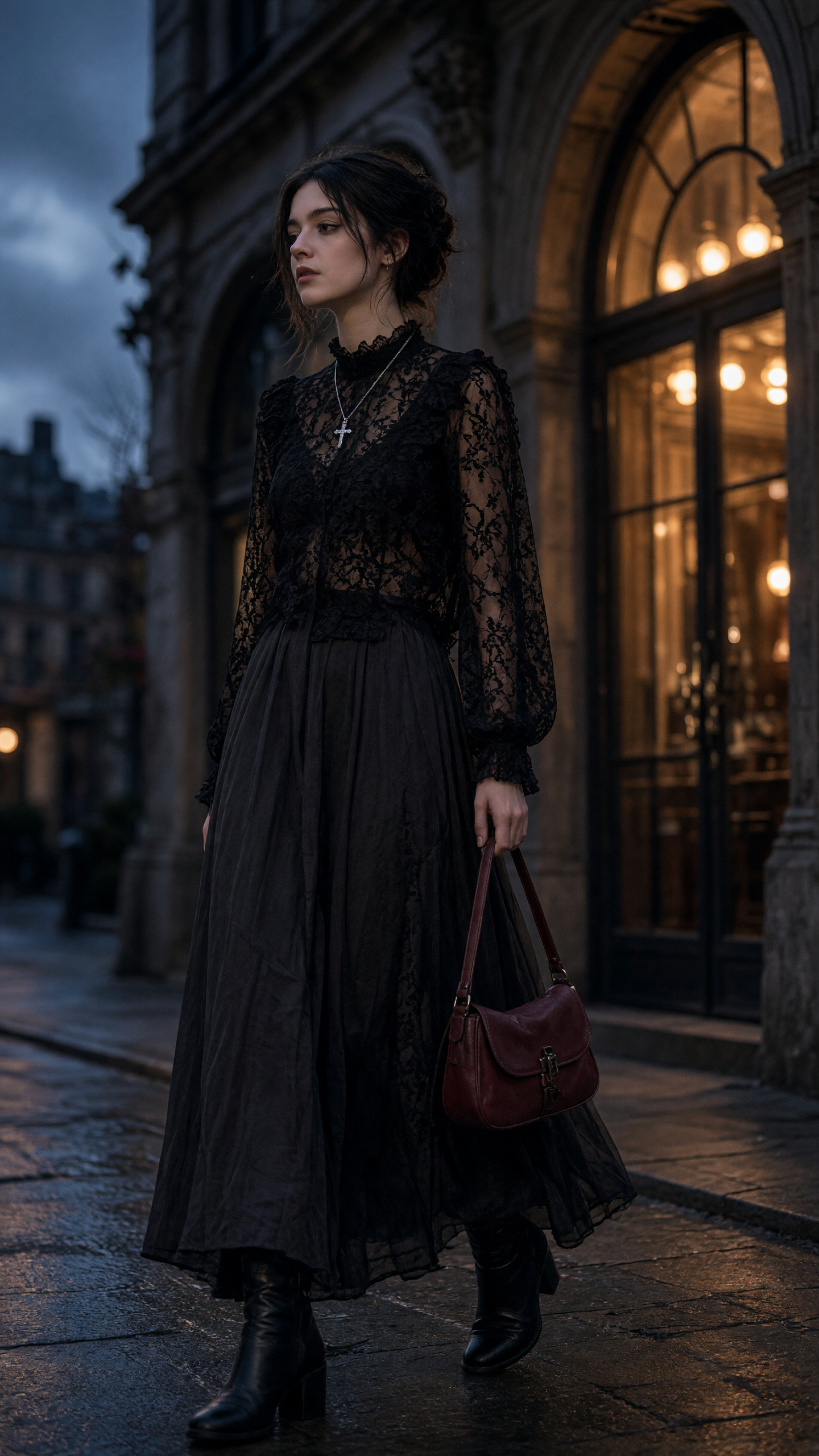 Fashion goth outfits with lace blouse and charcoal skirt