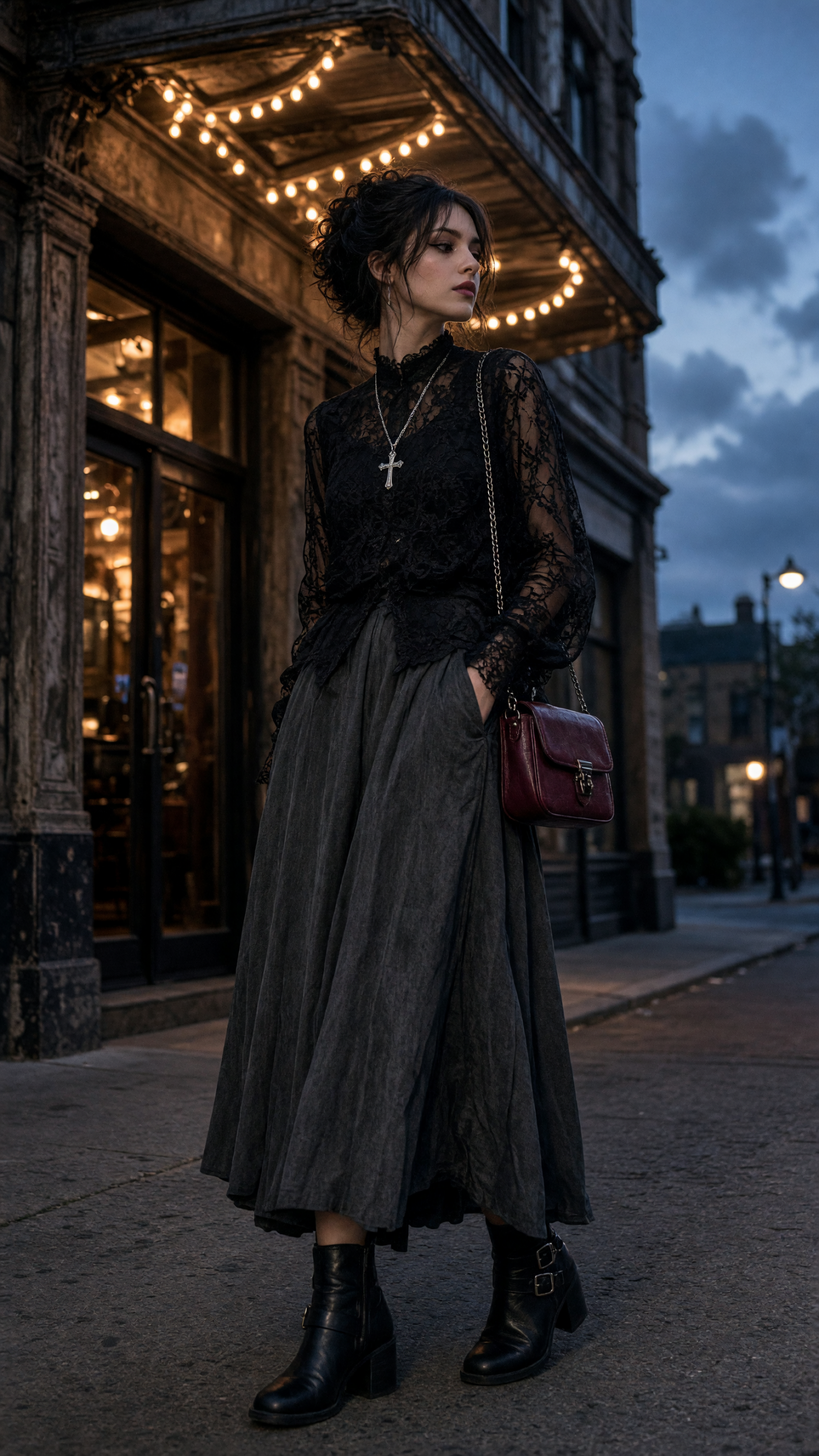 Fashion goth street style with burgundy bag