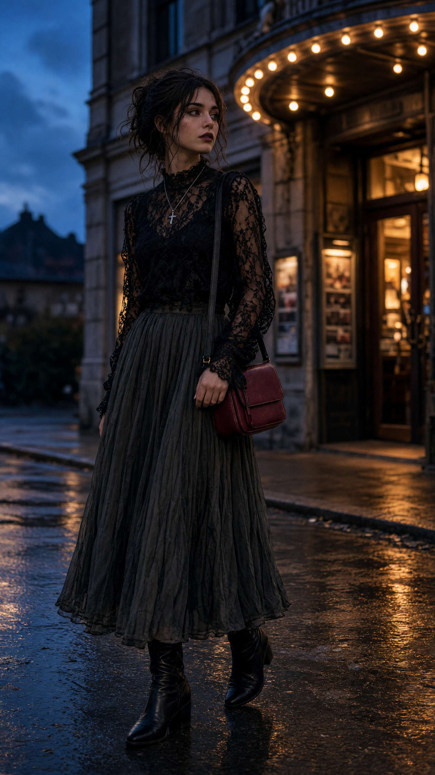 Fashion goth outfit with leather boots and silver jewellery