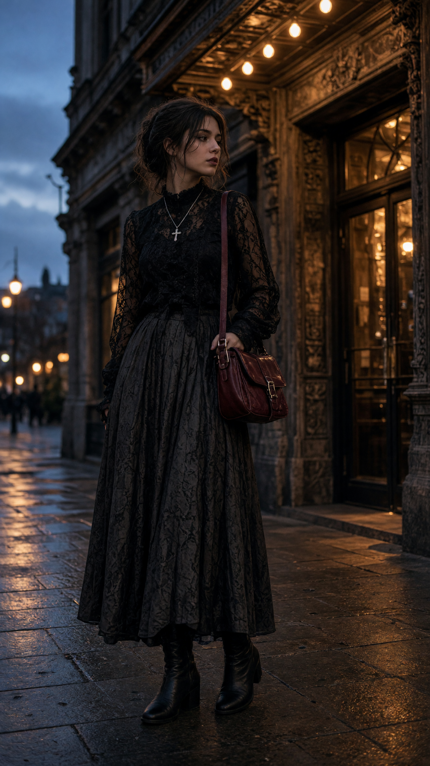 Early Halloween fashion goth outfit outside vintage cinema
