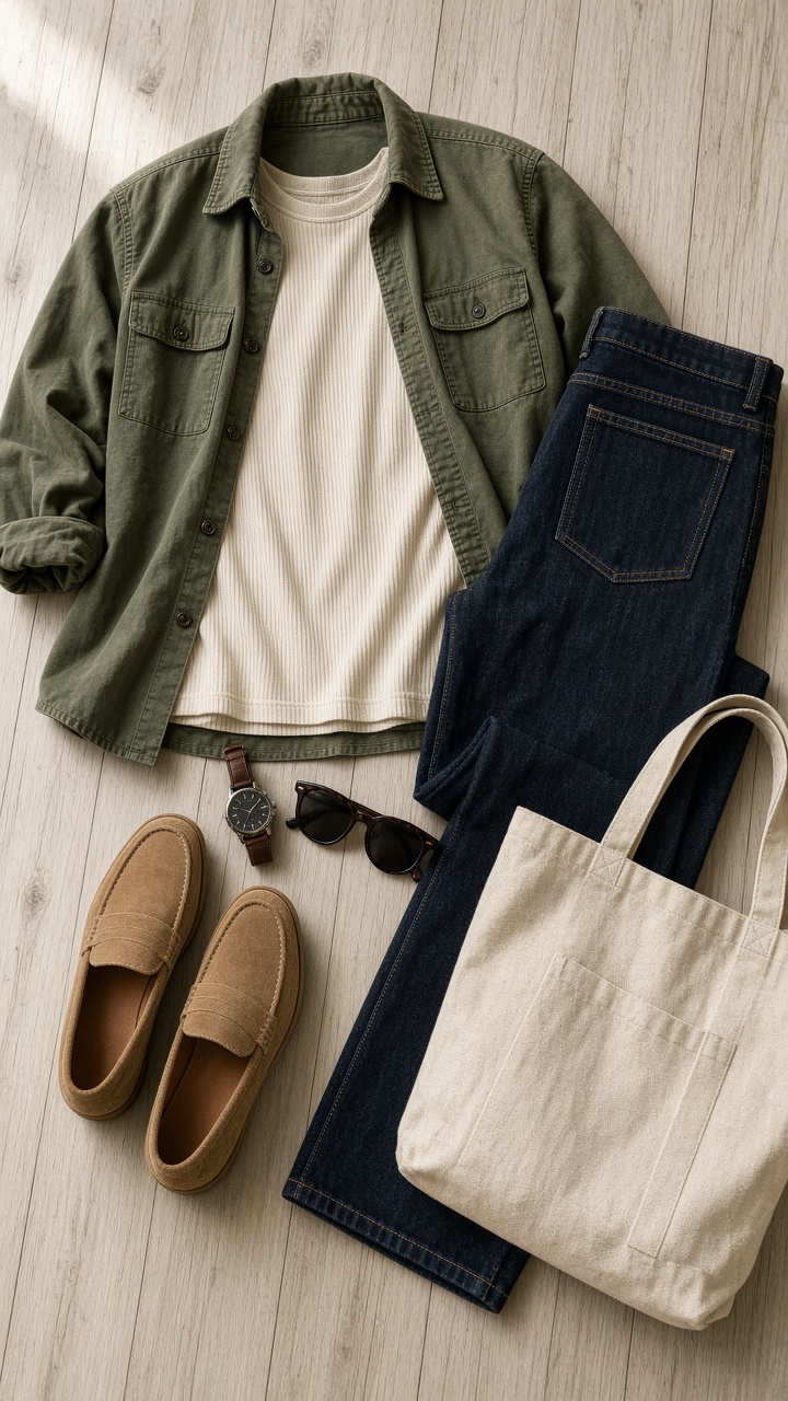 AI generated weekend wardrobe flat lay with overshirt denim and loafers