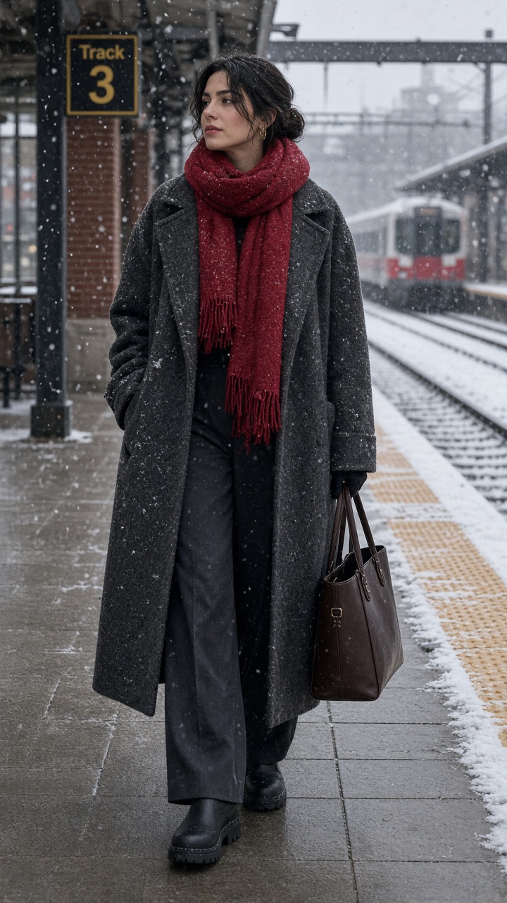 Winter commute outfit with charcoal coat red scarf and work bag
