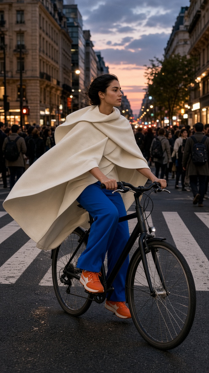 Cycling fashion look with ivory cape cobalt trousers and orange trainers