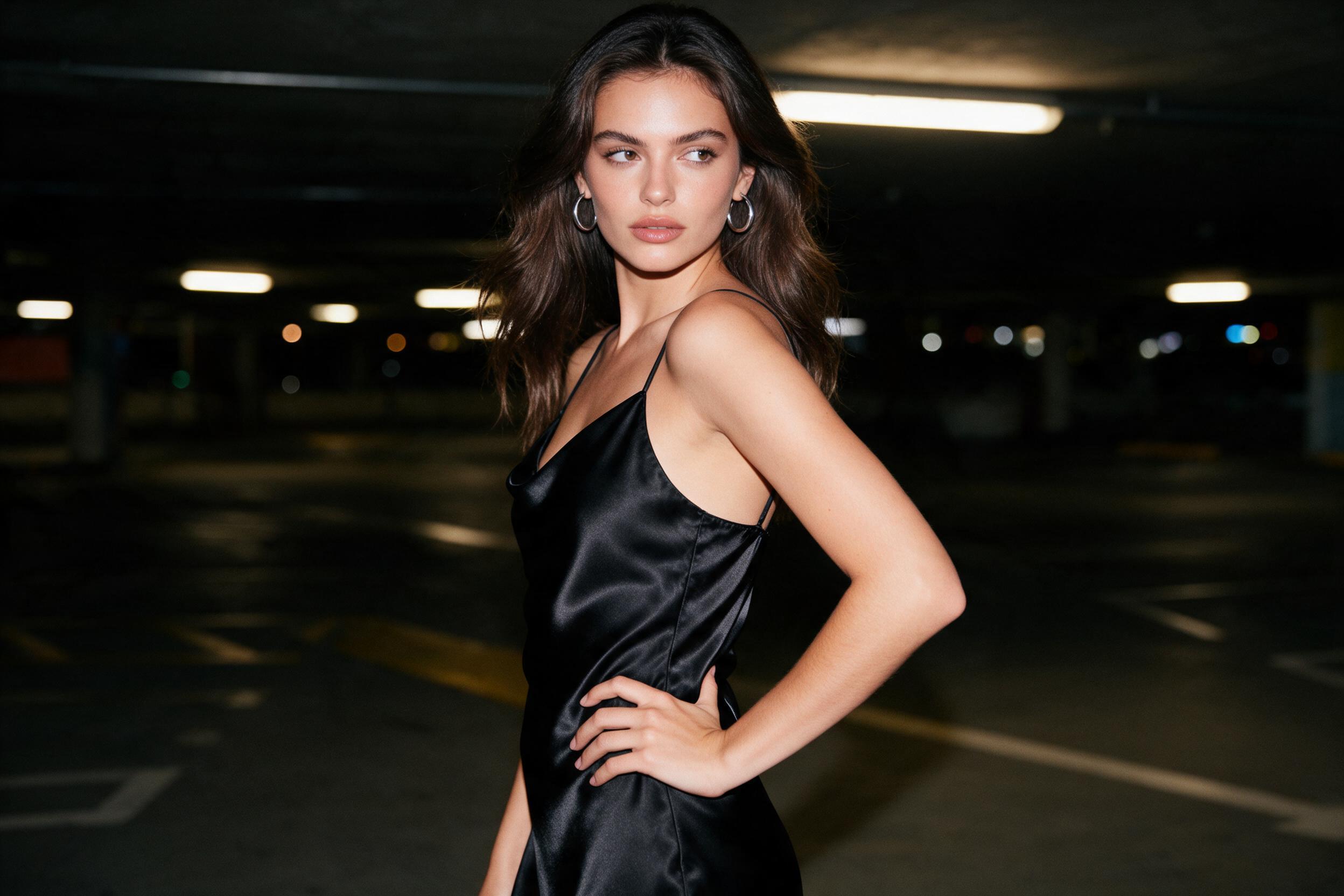 Night flash outfit trend with satin dress and confident turn