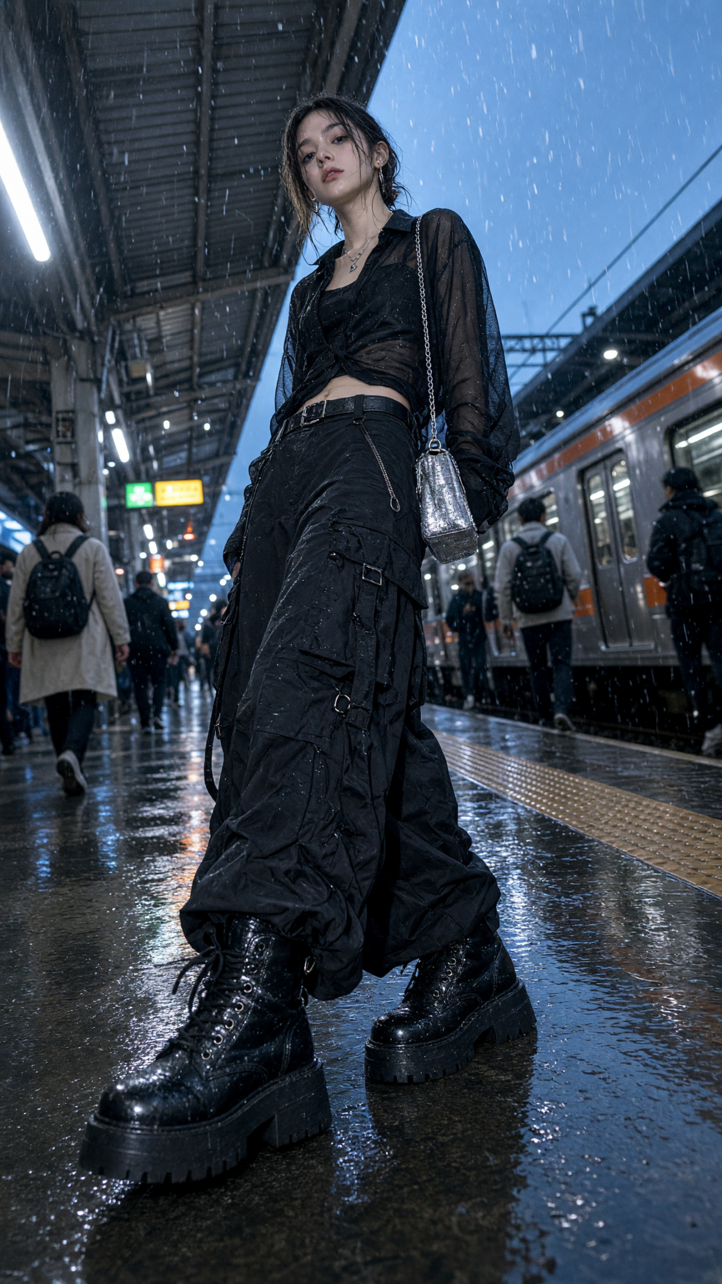 Inverted camera effect with cobalt windbreaker and wide leg trousers