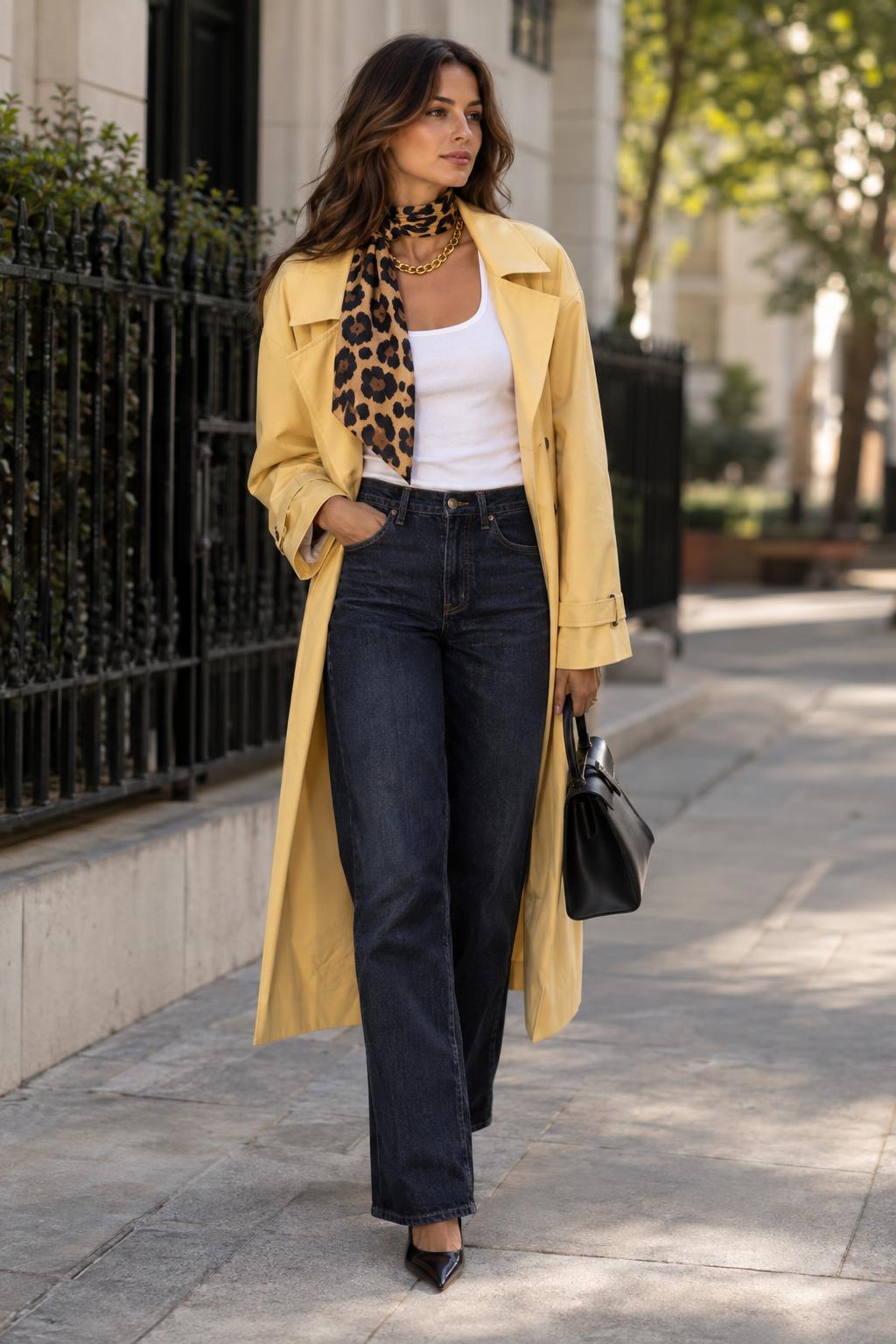 loud luxury outfit swap with butter yellow trench and leopard scarf