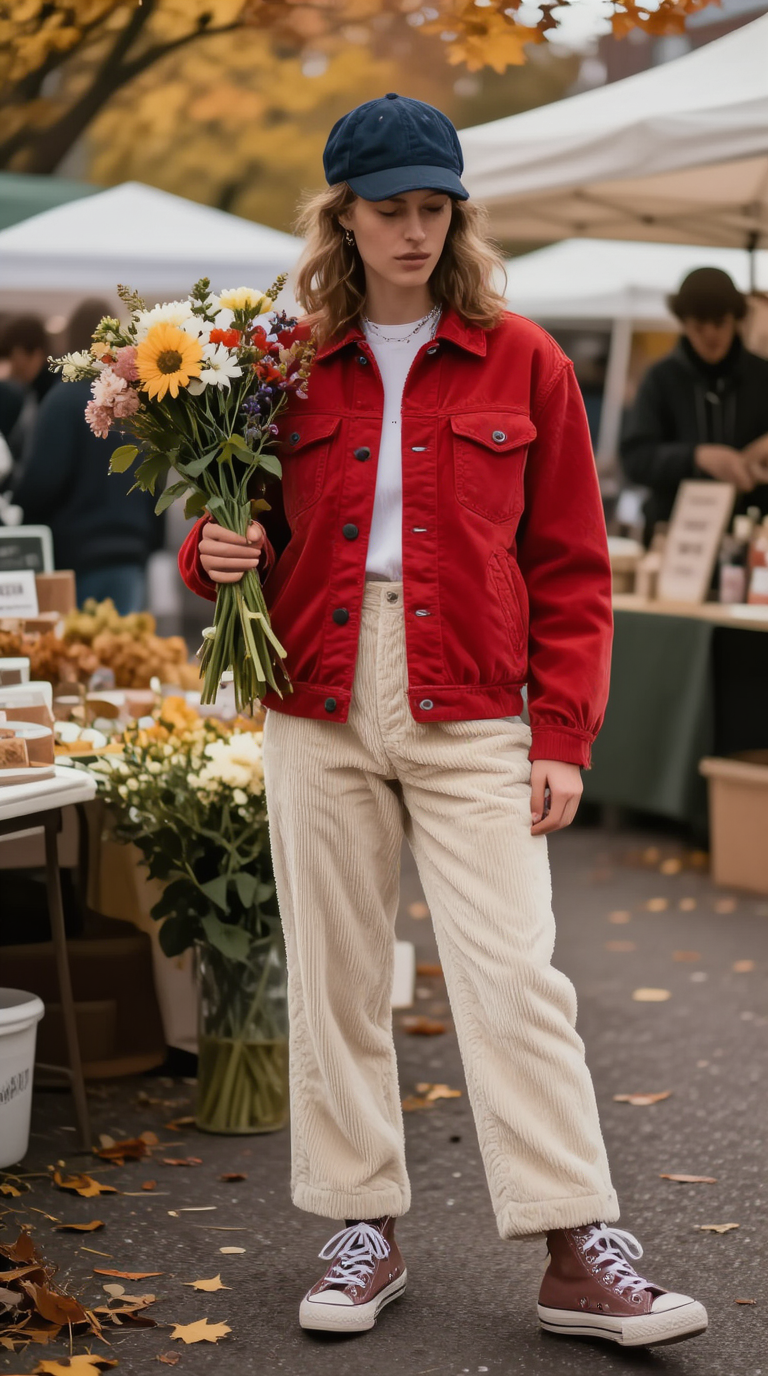 Microsoft Lens red barn jacket market outfit