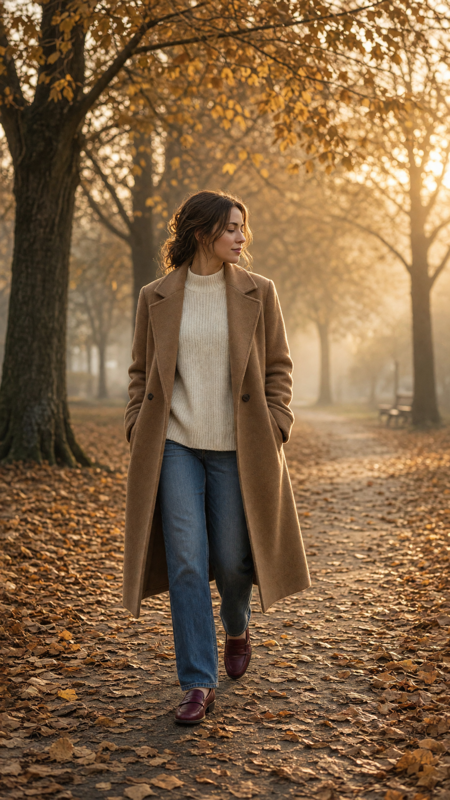 Camel coat fall outfit trend in a leaf covered park