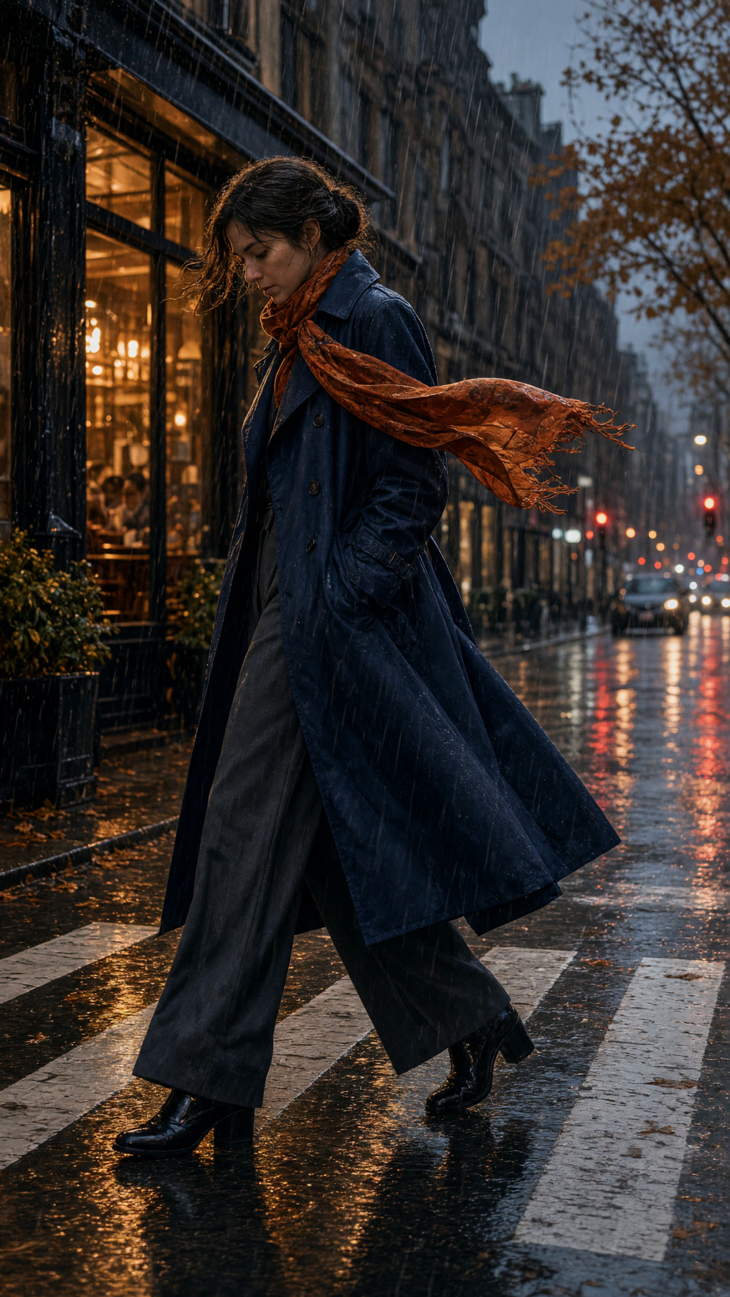 Navy trench and rust scarf in rainy evening city