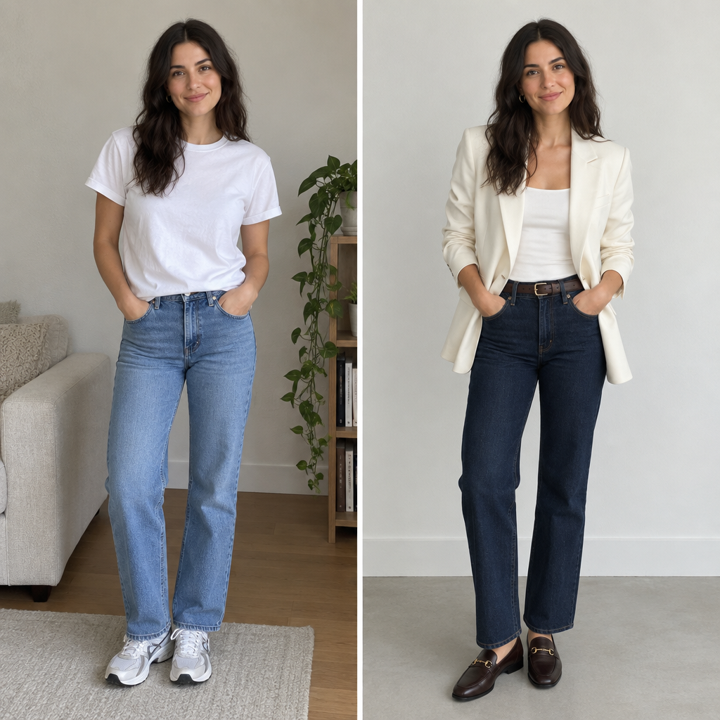 outfit glow-up before and after white tee to blazer