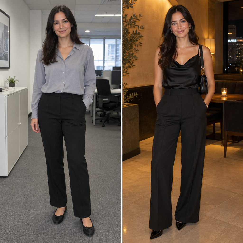 outfit glow-up before and after office to evening