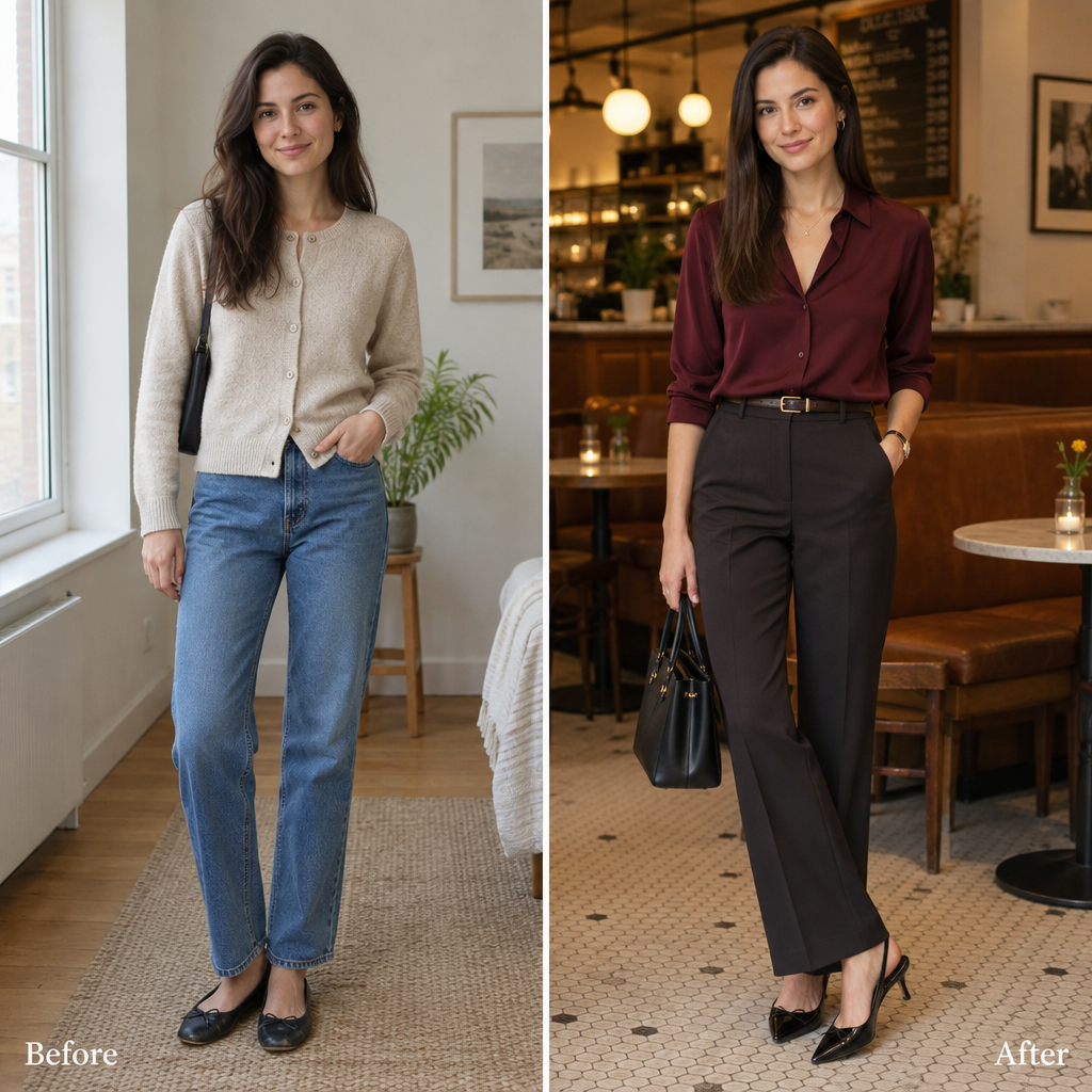 outfit glow-up before and after cafe outfit