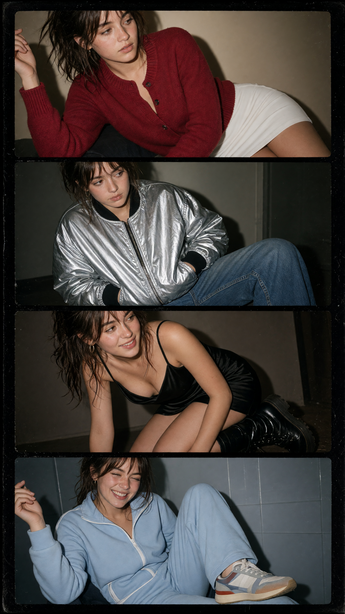 photo booth strip effect with red cardigan