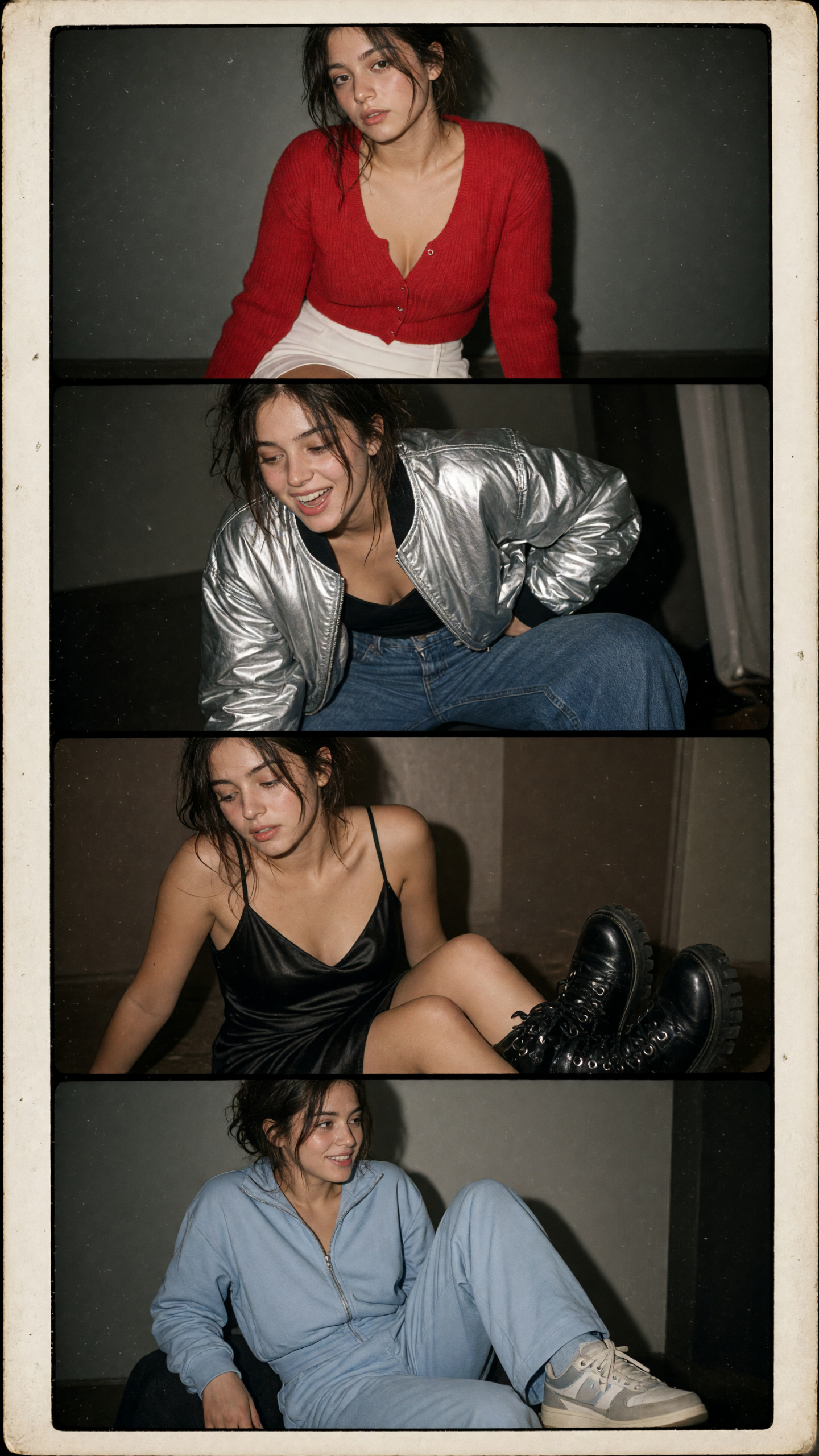 photo booth strip effect with black slip dress