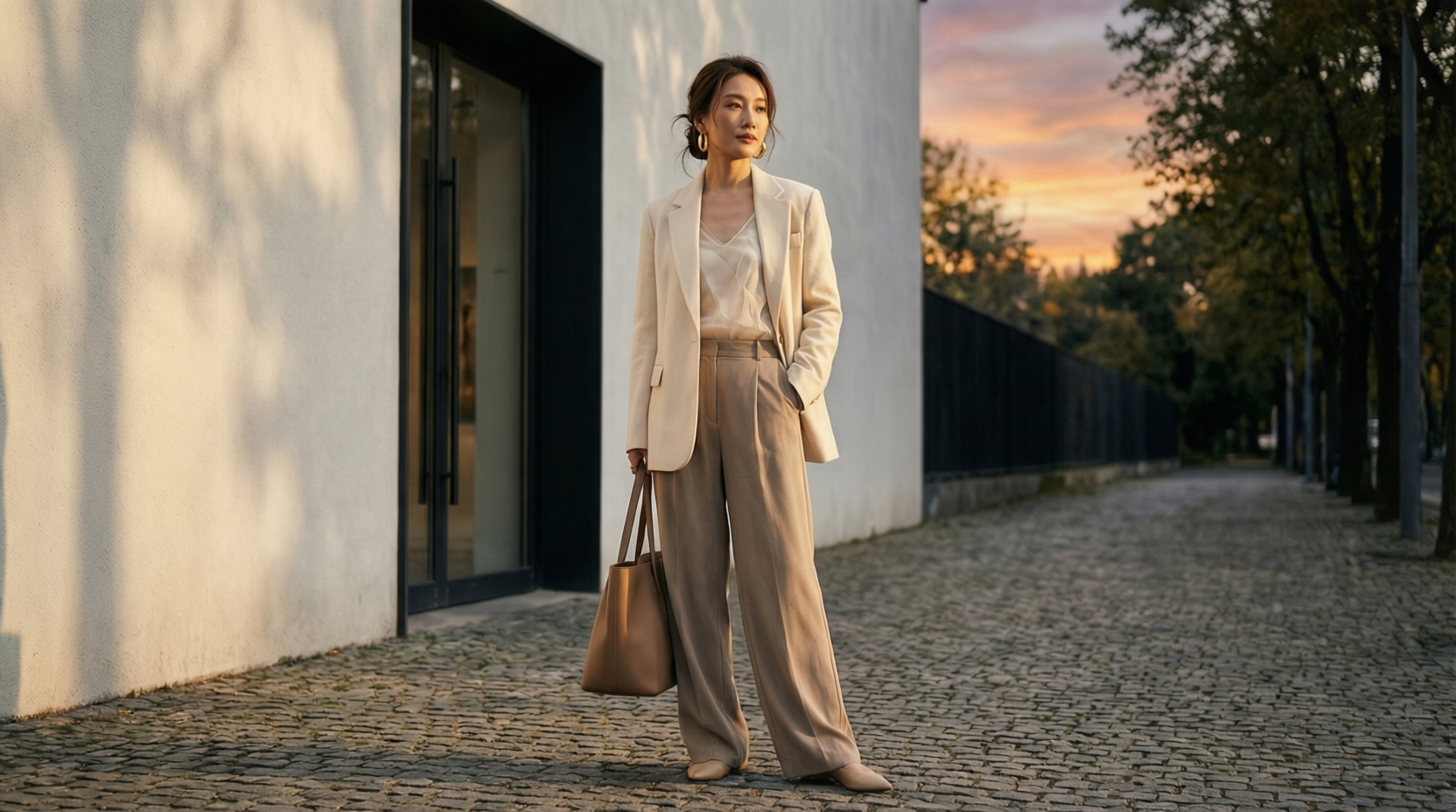 quiet luxury outfit trend cream blazer and wide leg trousers
