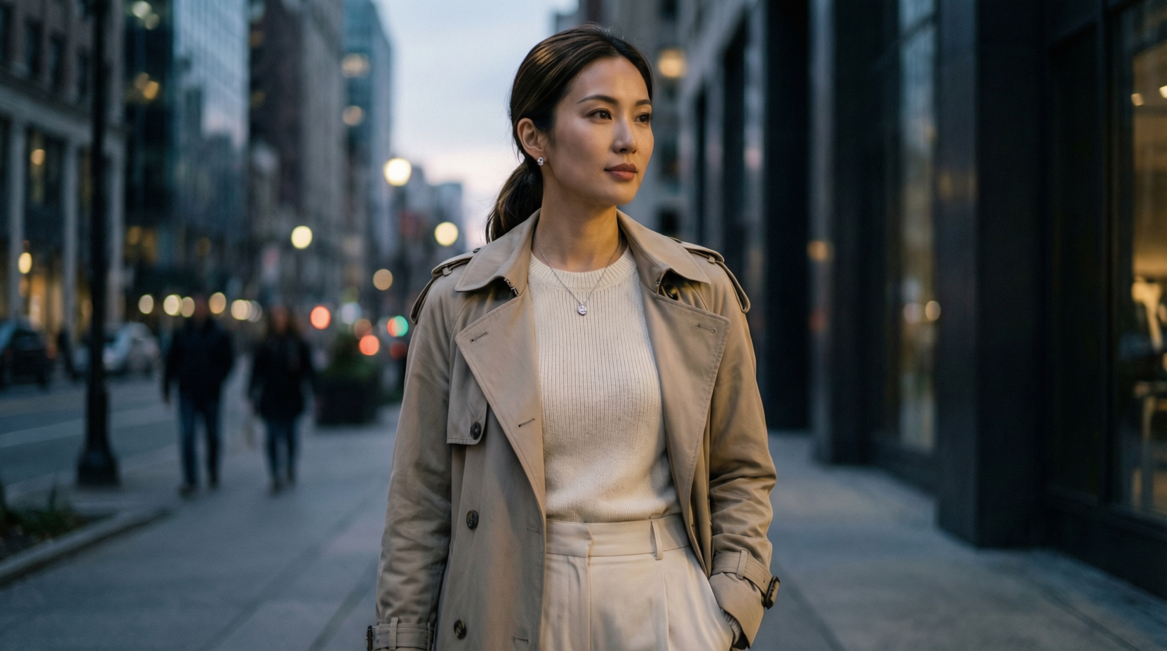 quiet luxury outfit trend ivory knit and charcoal trousers