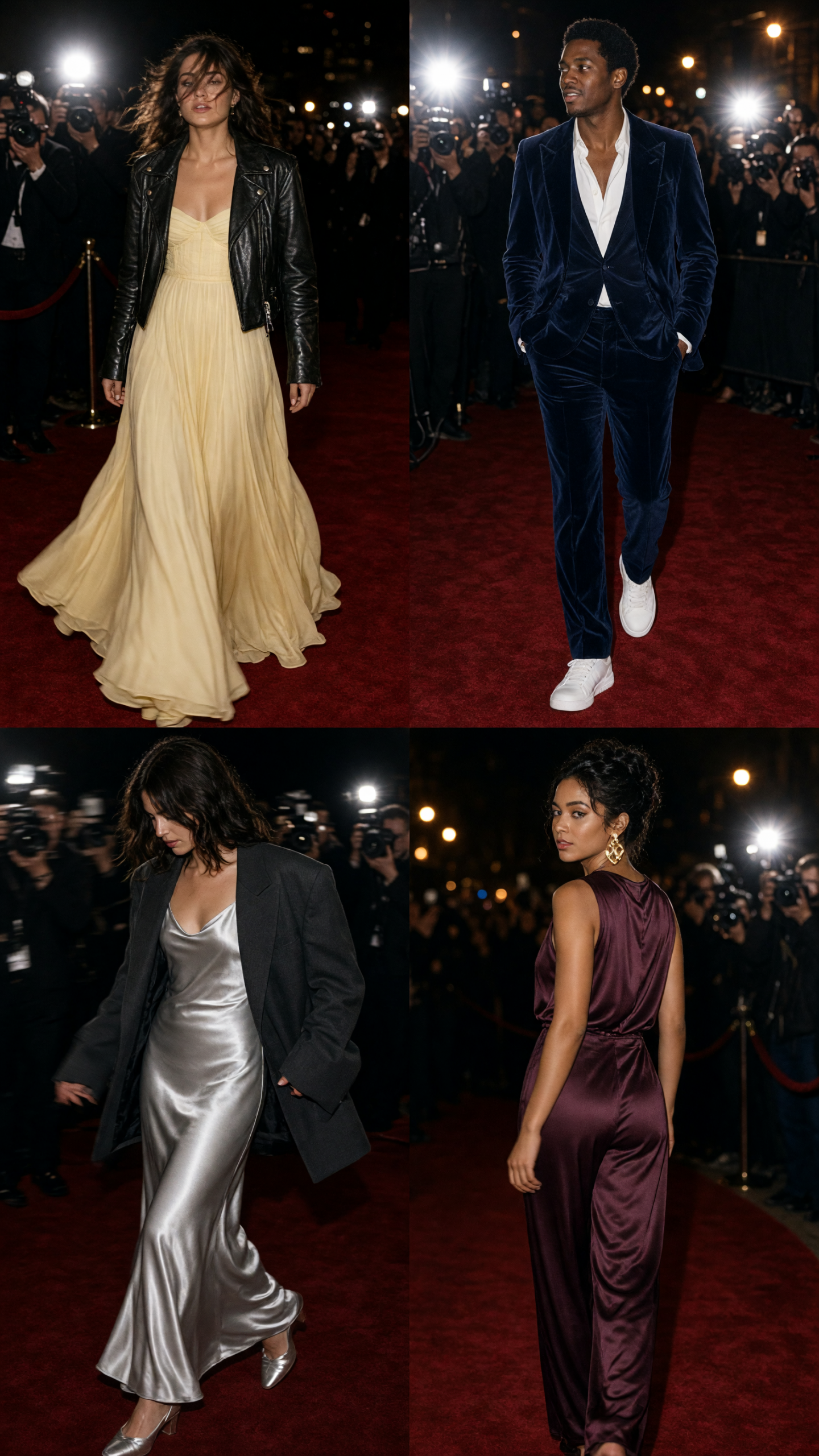 red carpet candid effect with butter yellow gown and black leather jacket