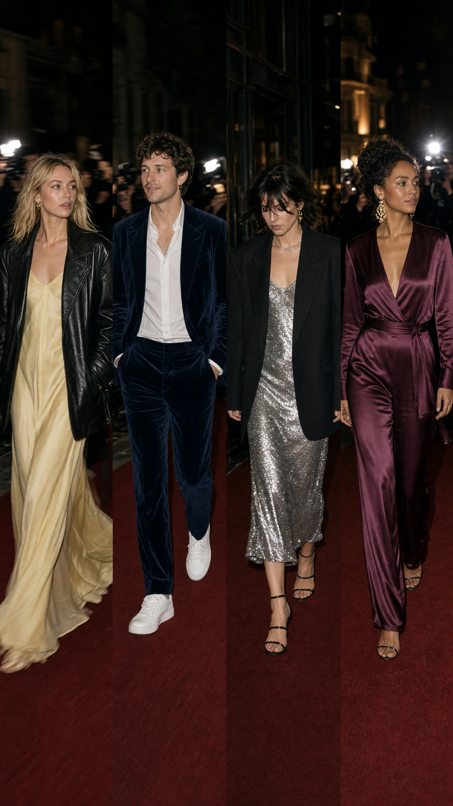 red carpet candid effect with navy velvet suit and white sneakers