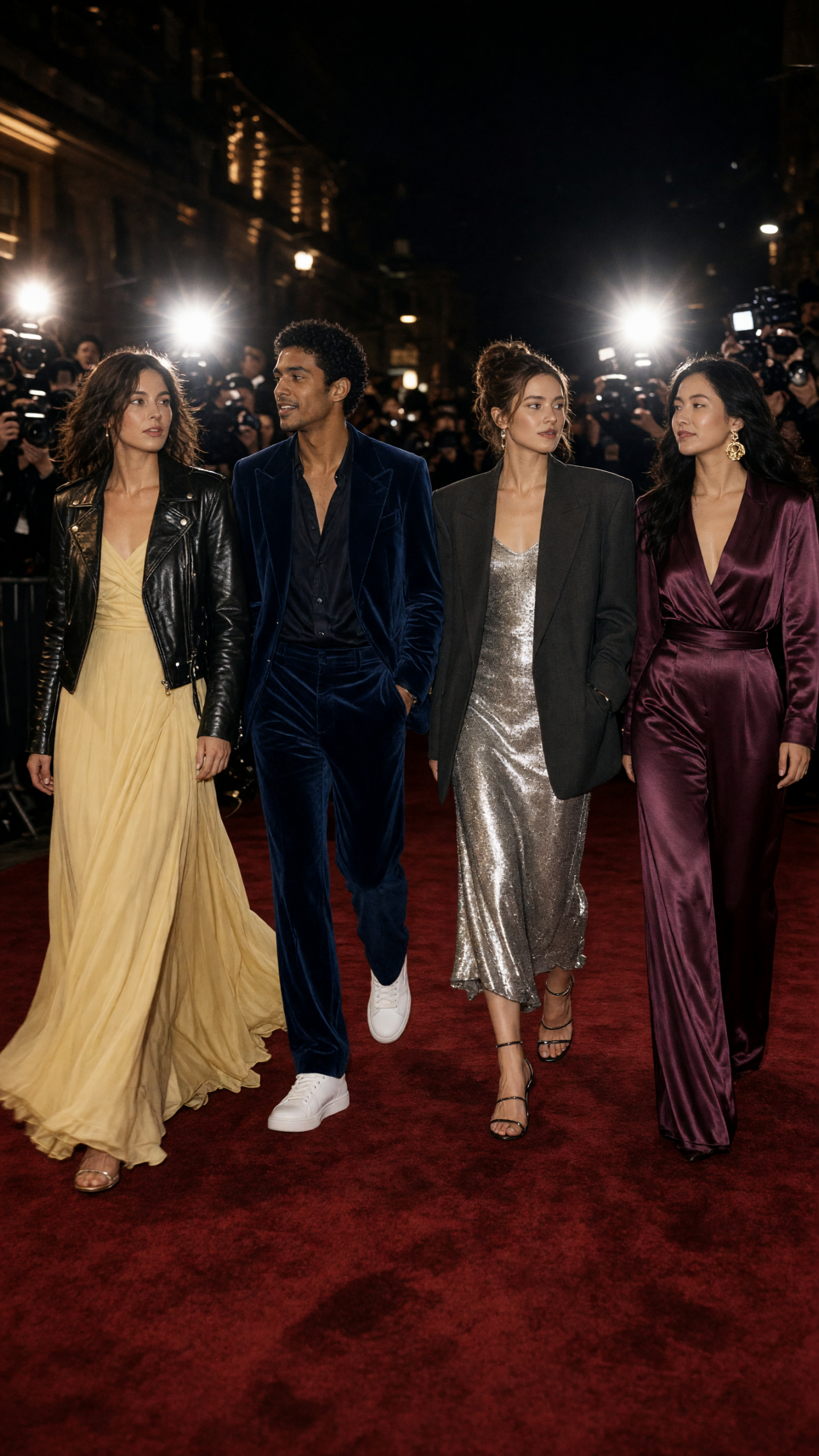 red carpet candid effect with silver slip dress and oversized blazer
