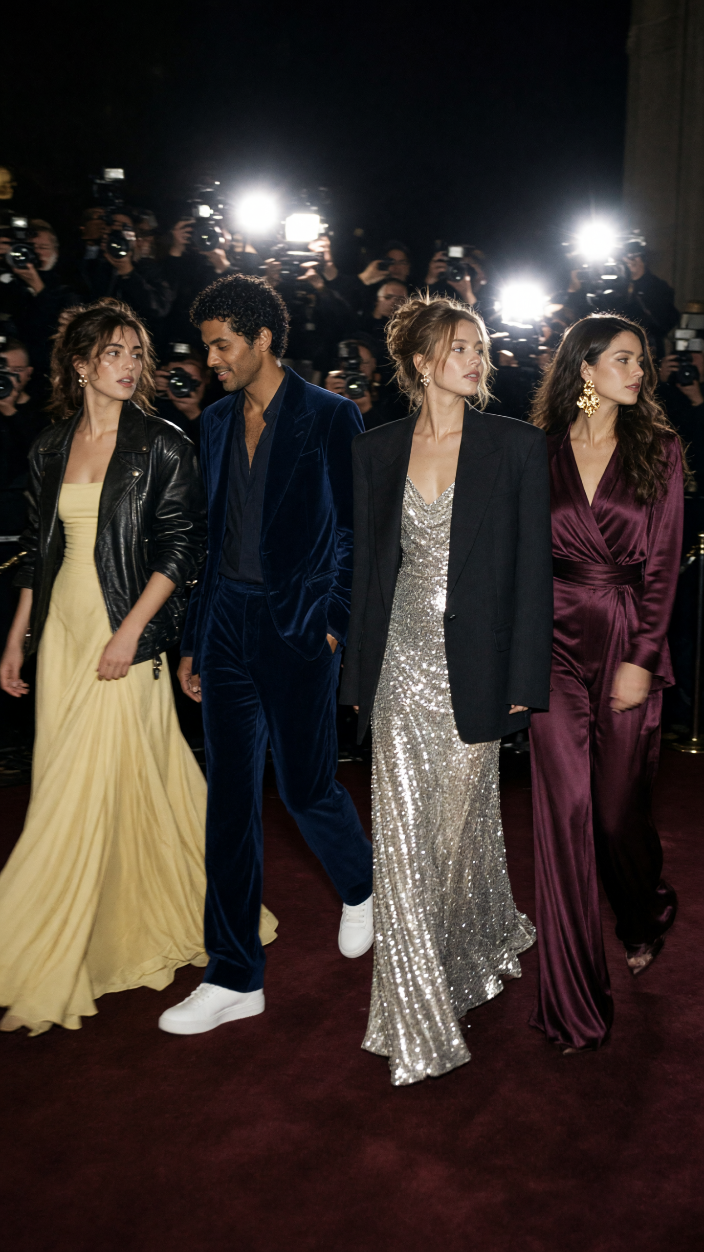 red carpet candid effect with plum satin jumpsuit and gold accessories