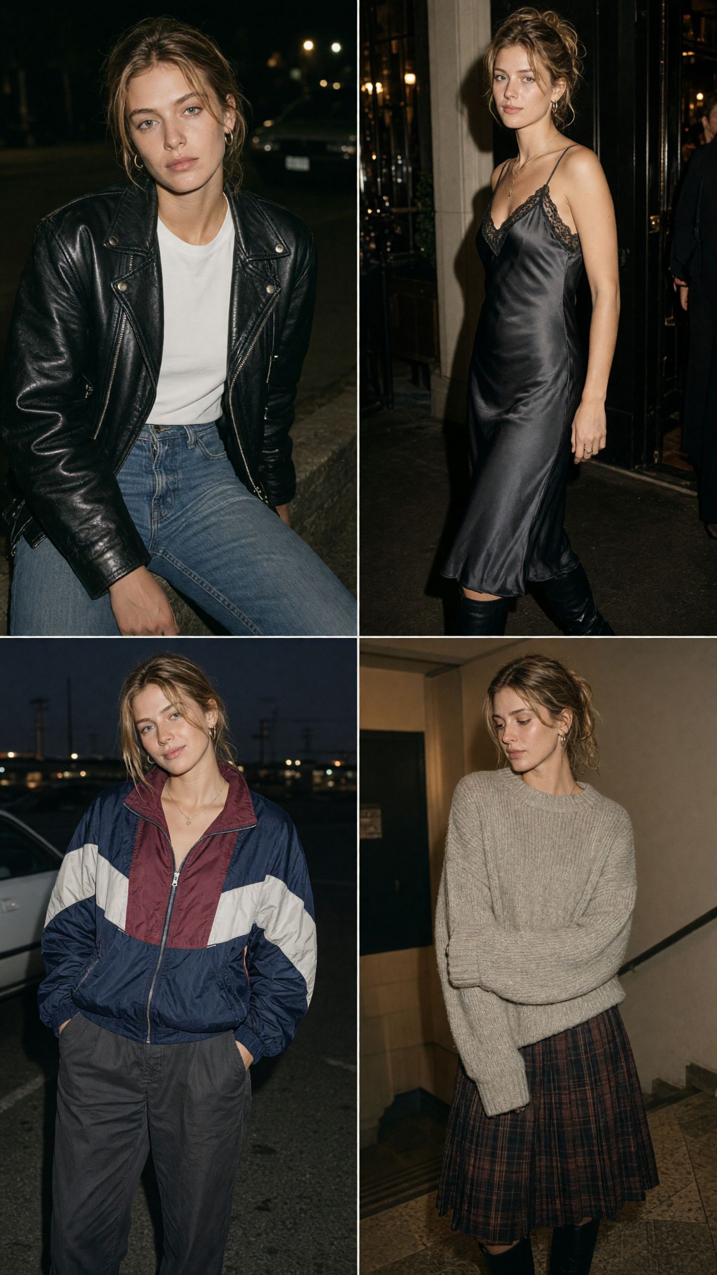 90s fashion photo effect with a leather jacket and straight-leg denim