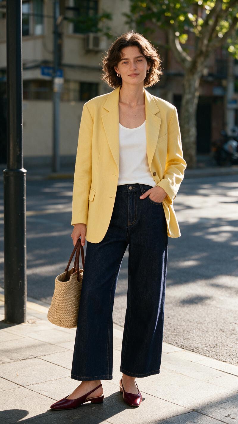 Seedream V5 Pro butter yellow blazer and indigo jeans outfit