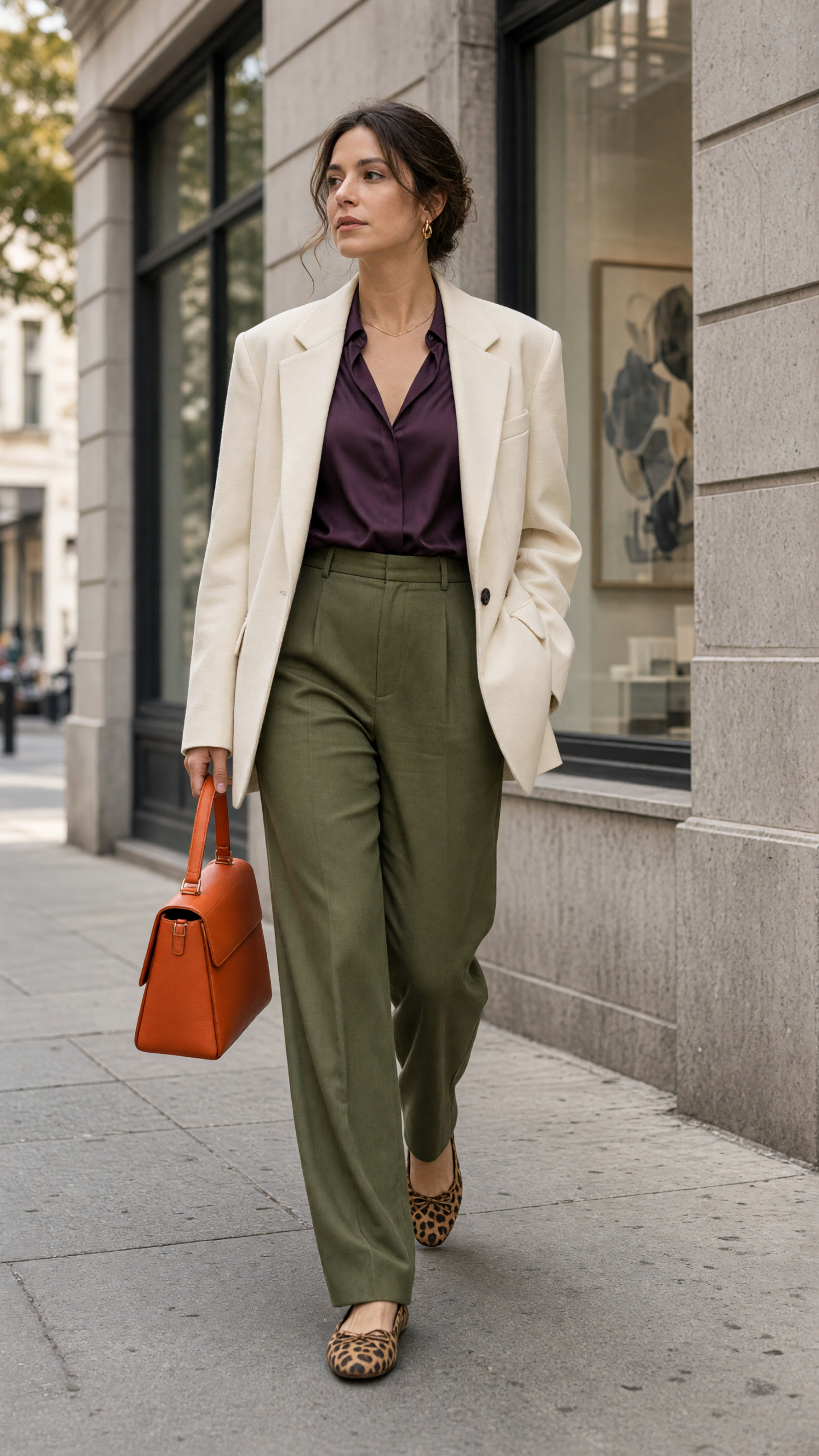 Soho chic outfit with cream blazer and plum top