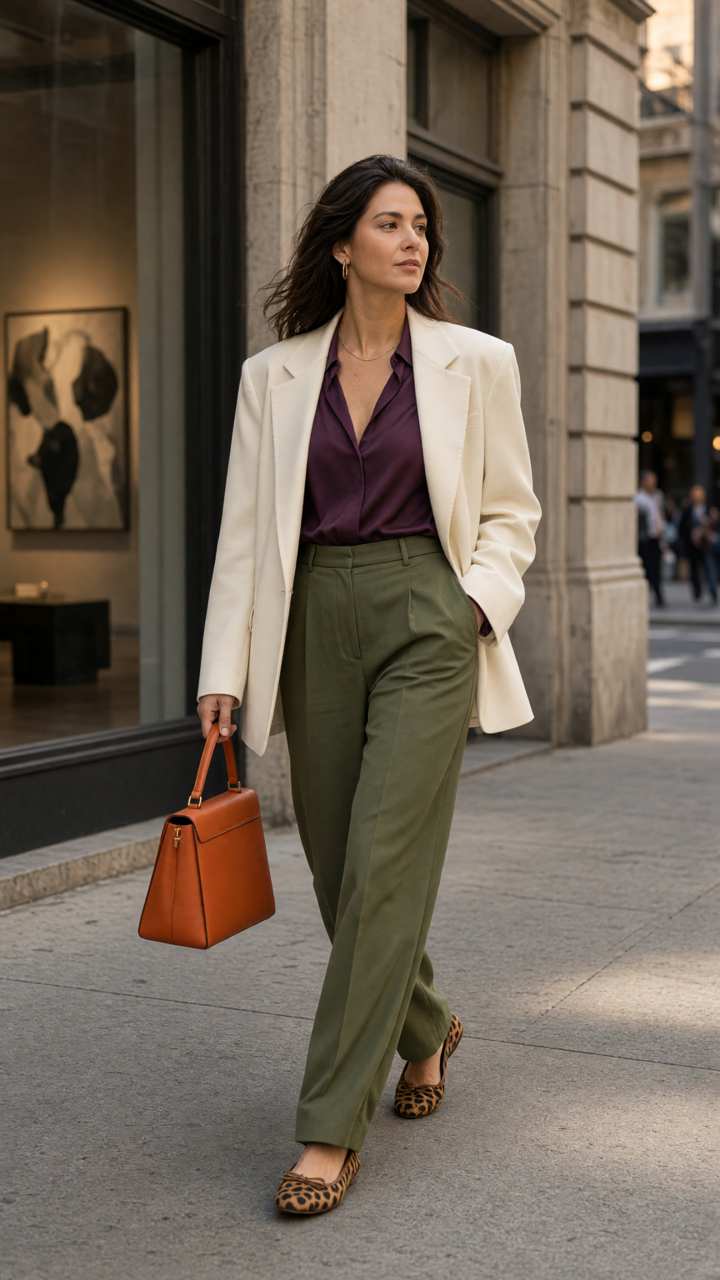 Soho chic fall outfit with moss green trousers