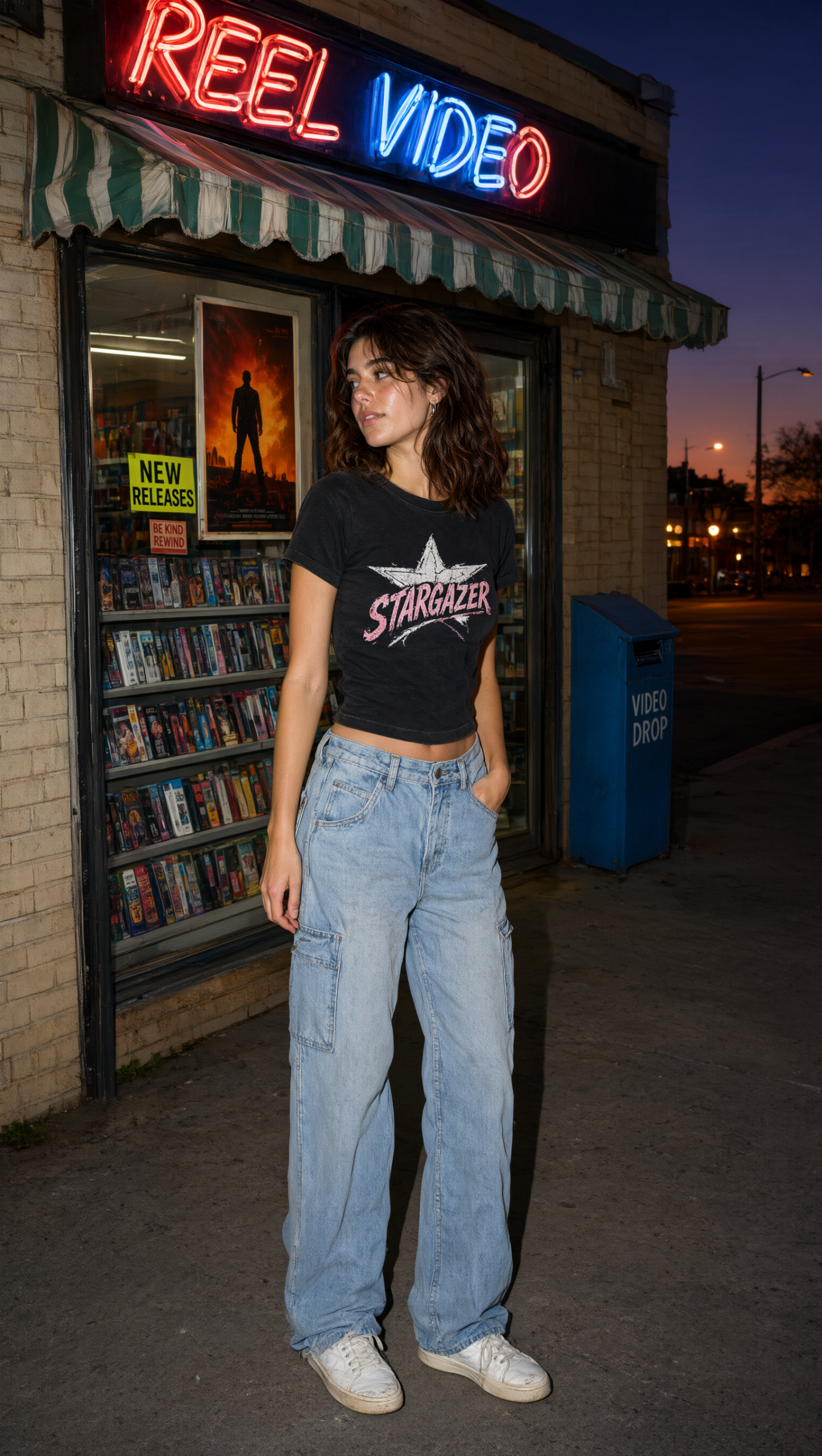 VHS photo outfit styling with faded tee and carpenter denim