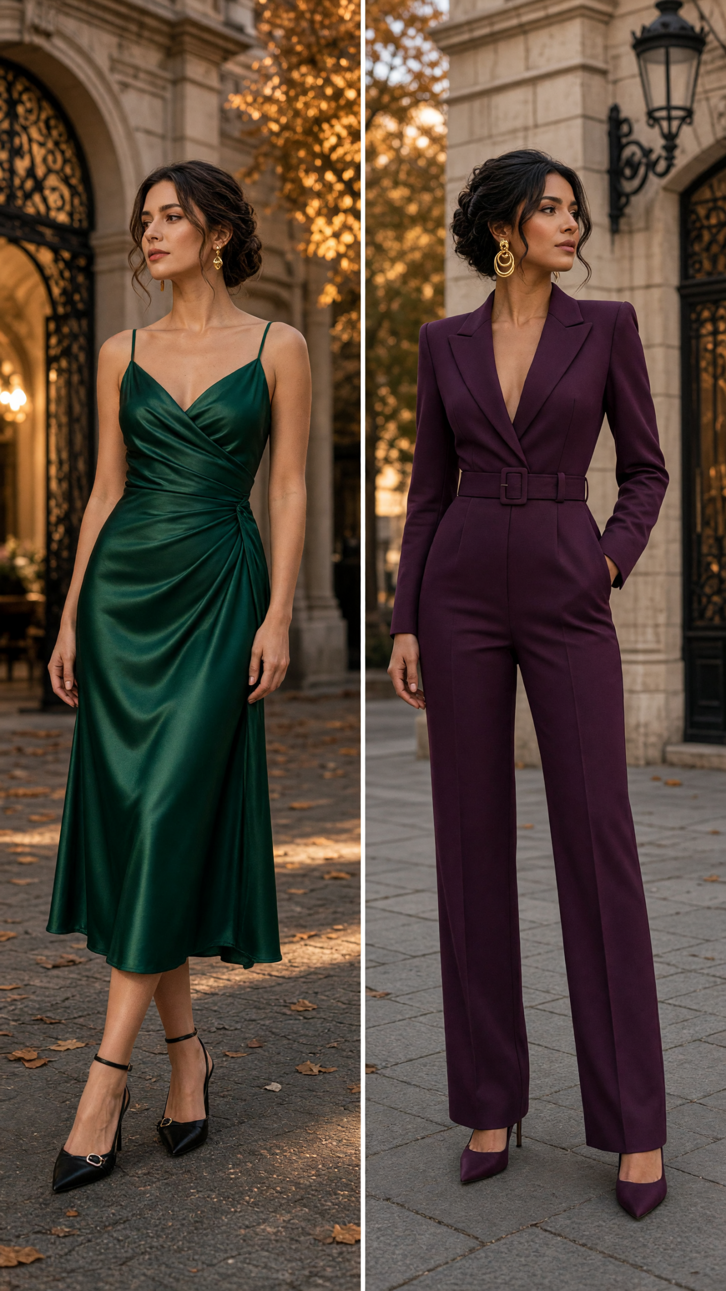 emerald satin wedding guest outfit ideas for fall