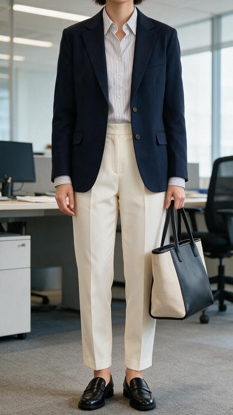 Workwear outfit ideas with a navy blazer and cream trousers