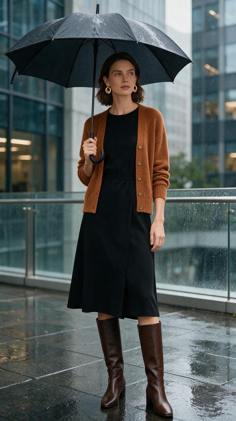 Rainy commute workwear outfit ideas with boots