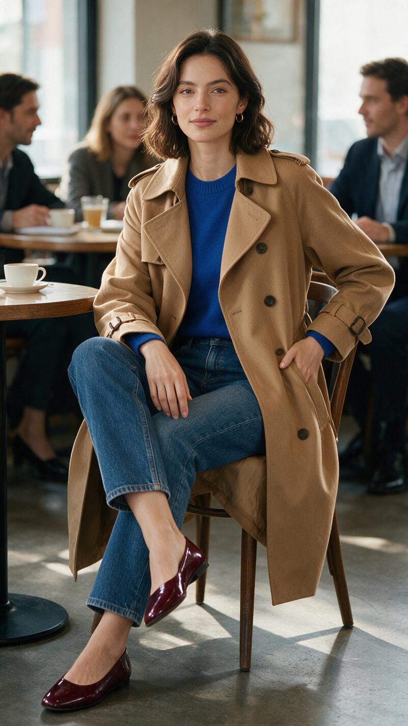 Coffee meeting workwear outfit ideas with a camel trench