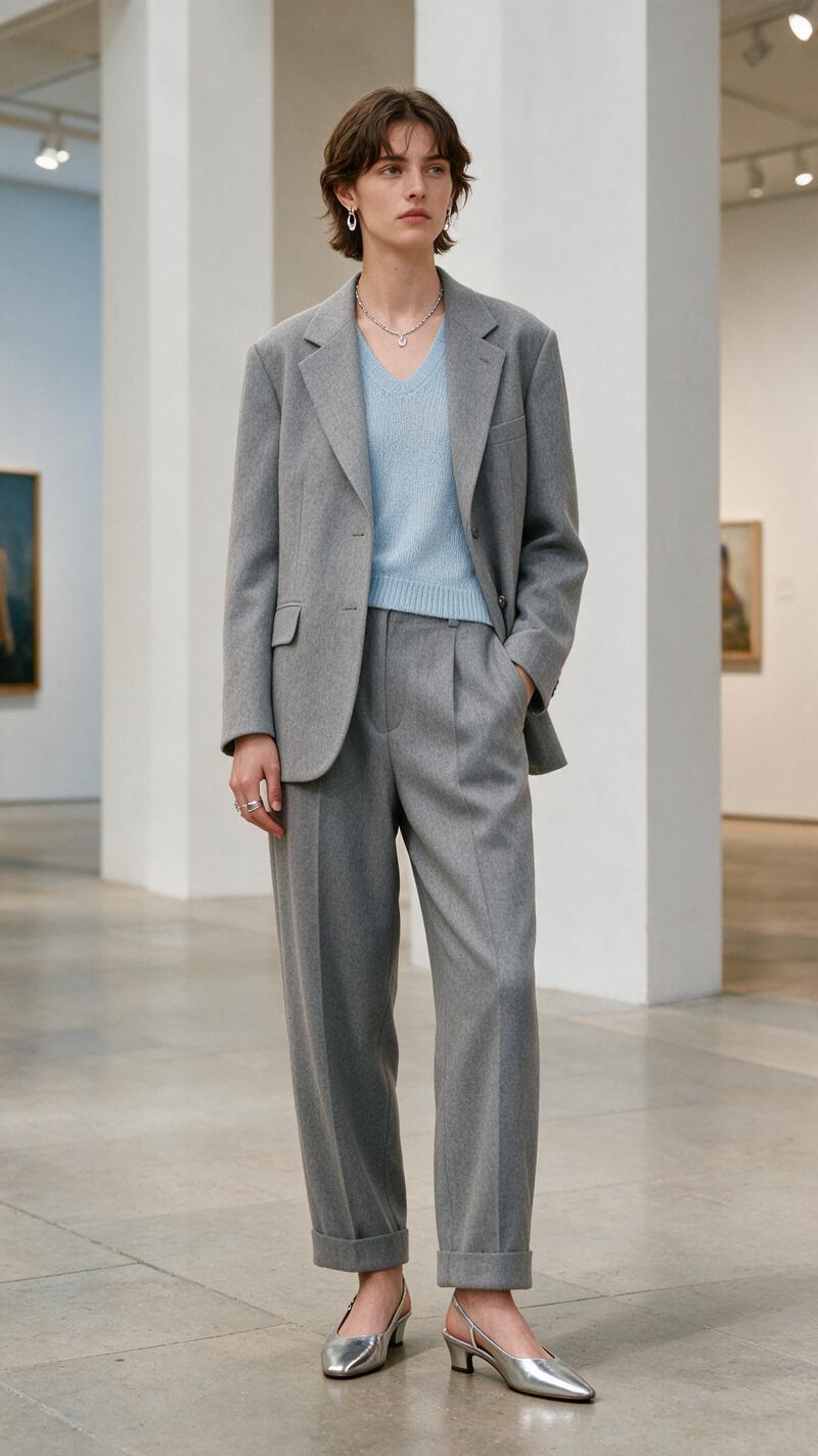 Soft grey suit workwear outfit ideas for a creative office
