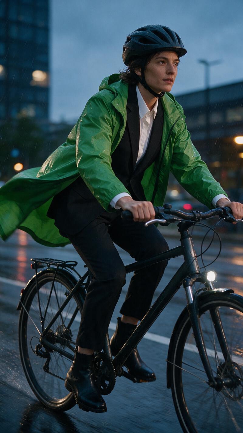 Bike commute workwear outfit ideas with layered rainwear